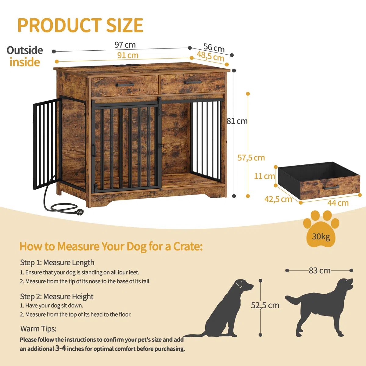 Hzuaneri Mueble Jaula para Perros de Interior con Regleta y 2 Cajones, Jaula de Madera con Puertas Correderas de Granero, 3 Puertas para Perros Medianos y Grandes 97x56x81 cm Marrón DFC90301BEU