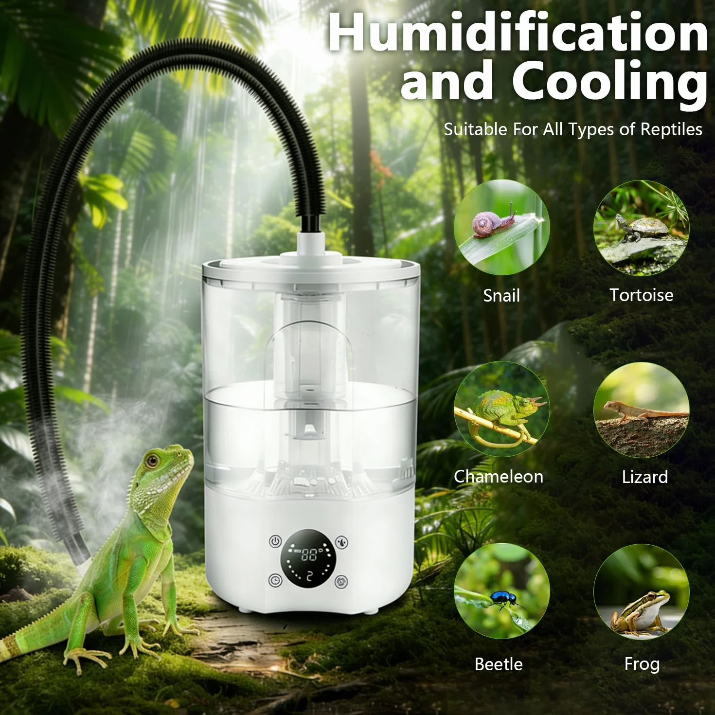 Humidificador para Reptiles, 4 L Gran Tanque Brumizador para Terrarios con Mando a Distancia y 2 m Tubo, Difusor ultra silencioso para Anfibios, Reptiles y Plantas Acuáticas