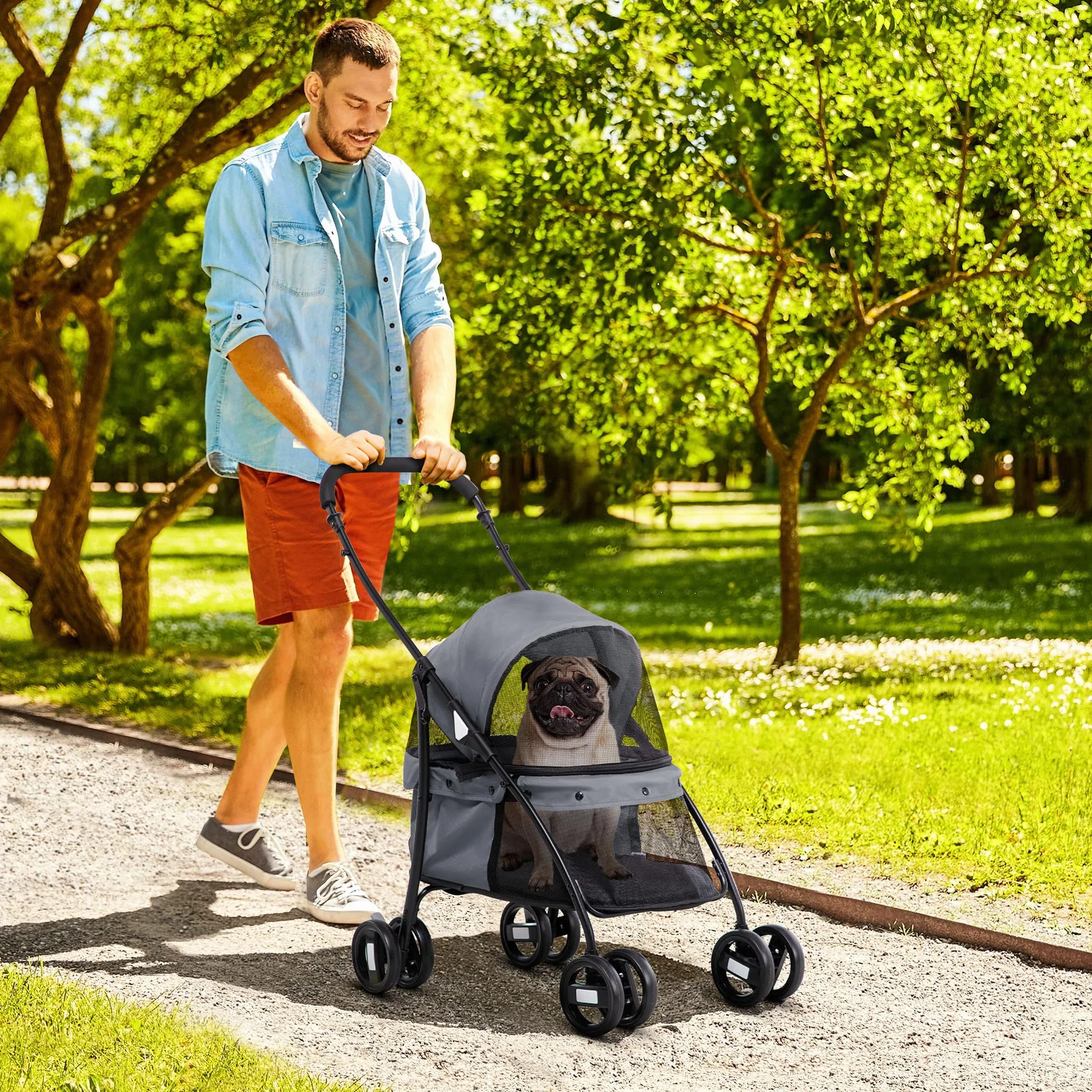 PawHut Carrito para Perros Plegable Cochecito para Mascotas Cochecito para Perros Pequeños con Ventanas de Malla Cojín Lavable Correas de Seguridad y Marco de Acero Carga 10 kg Gris