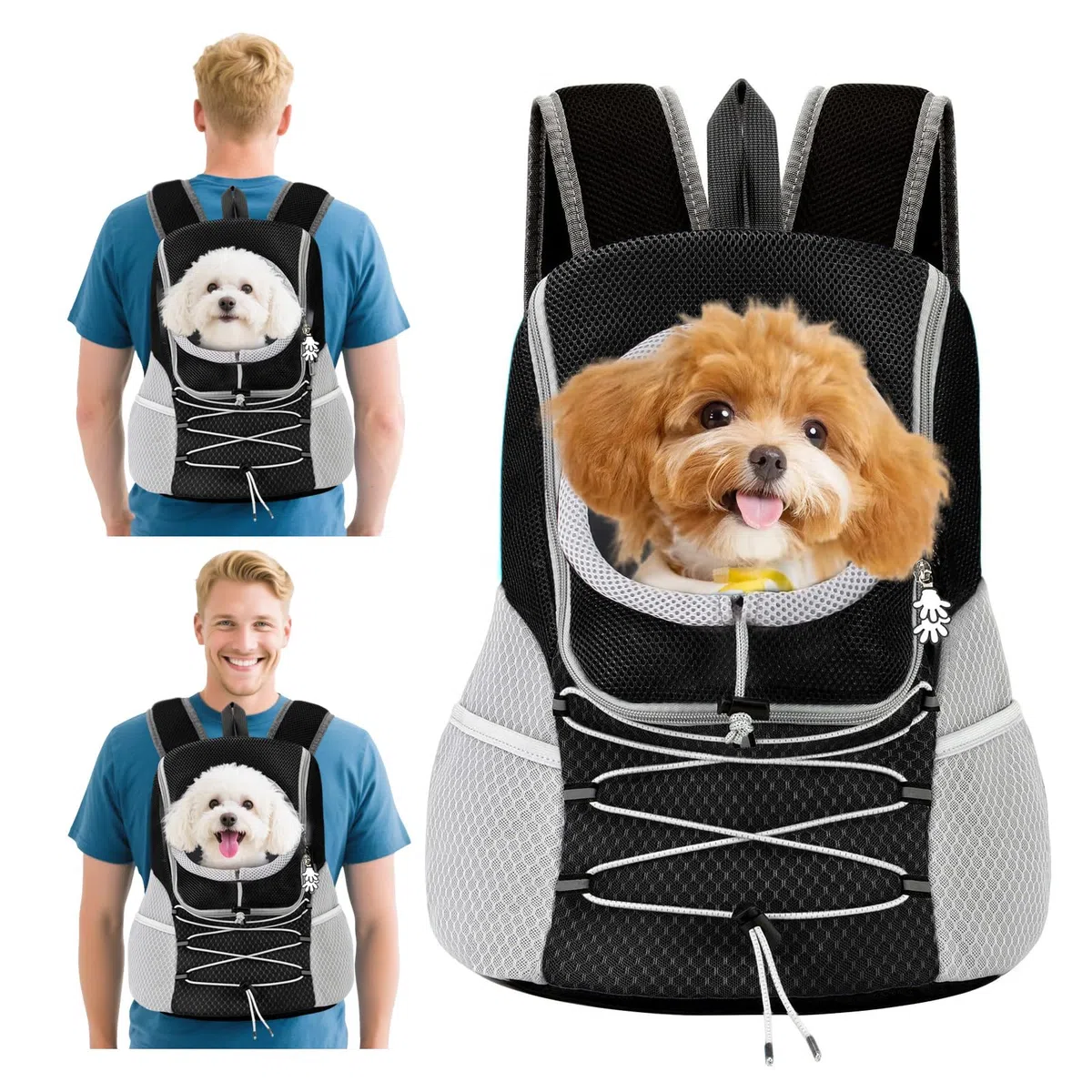 PETCUTE Mochila para Perros Ajustable,Transpirable Bolsa de Viaje para Mascotas con Parte Inferior Impermeable y Bolsillo,Cabeza Fuera,Mochila Transportín Gato,para Viajar Camping Senderismo M