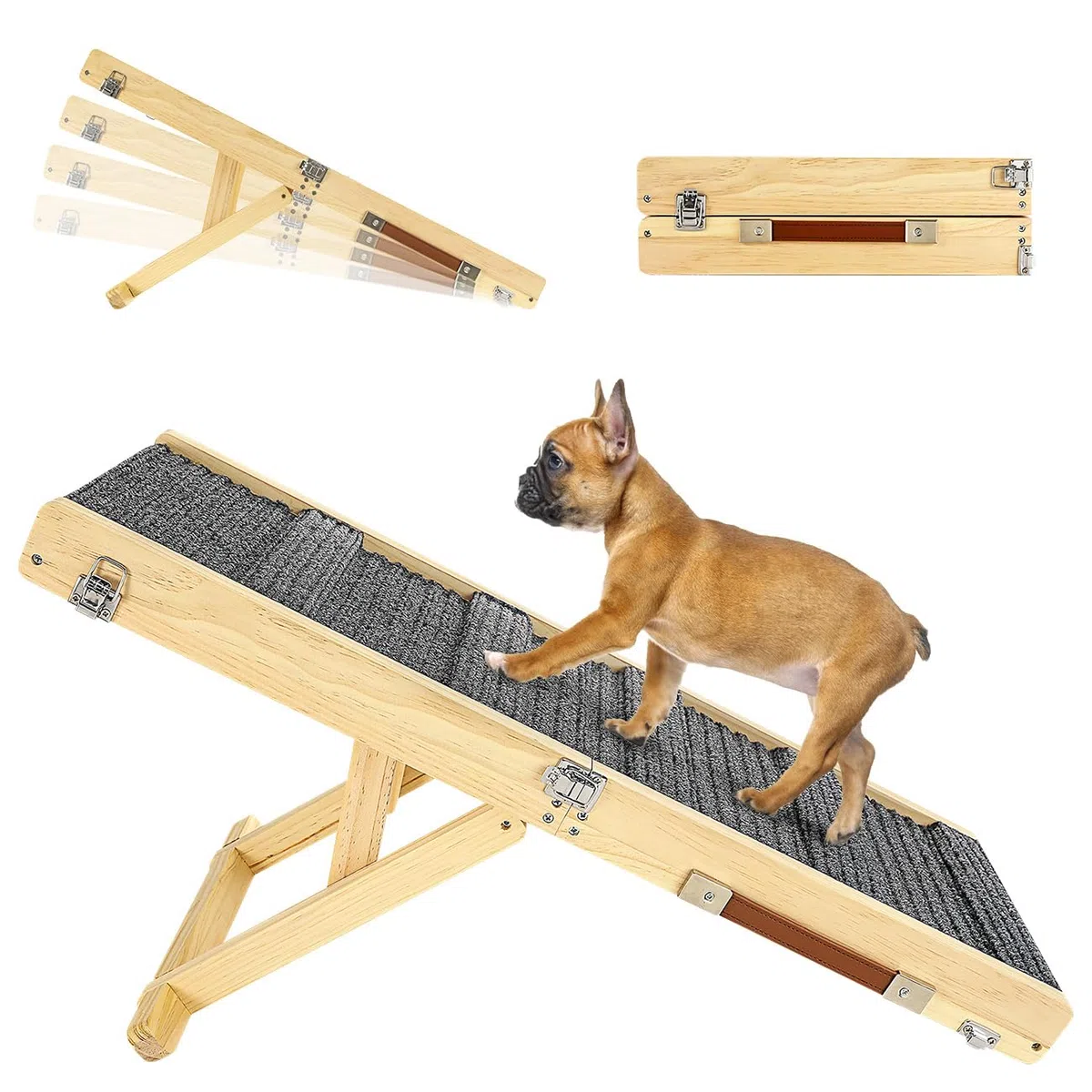 Pawaboo Rampa plegable para perros pequeños, rampa portátil de madera para mascotas, 4 alturas ajustables de 20 cm a 45 cm, rampa de coche para perros pequeños y gatos con alfombra antideslizante, uso