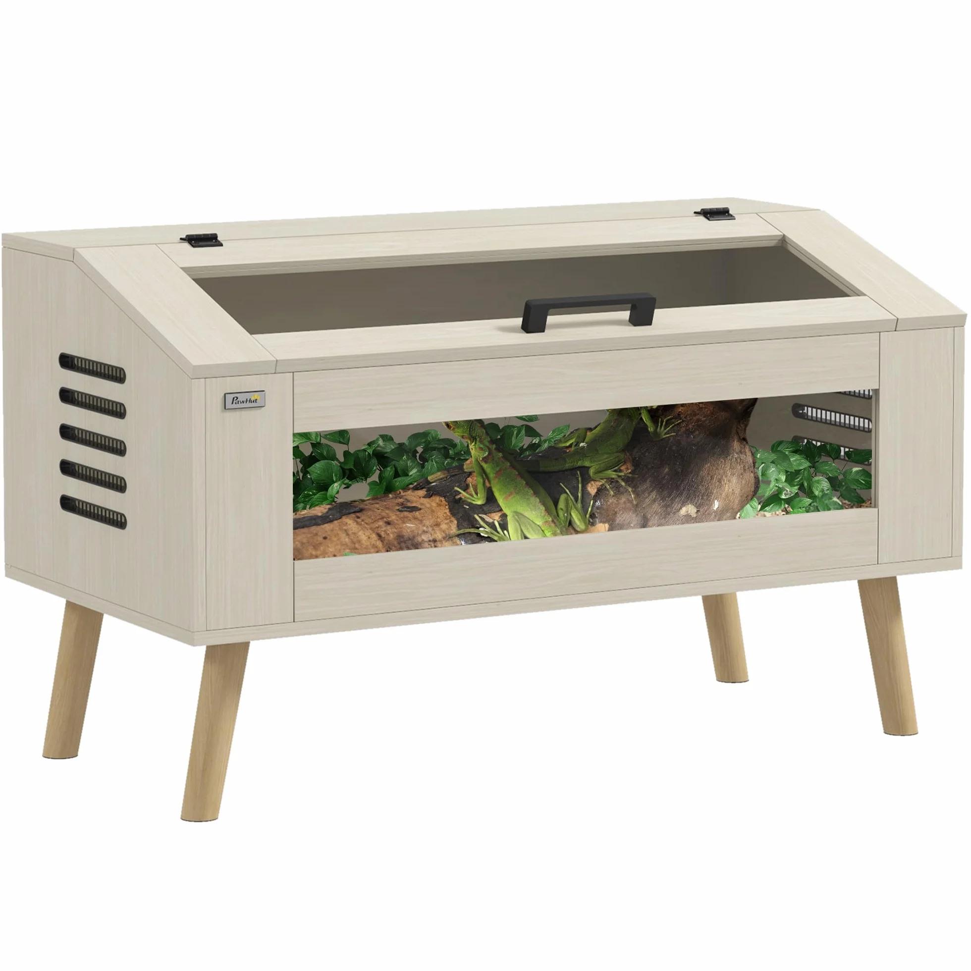 PawHut Terrarium para reptiles con ventilación lateral, Vivarium para serpientes 140L con ventanas de vidrio templado, tapa, 100x50x60 cm, madera natural