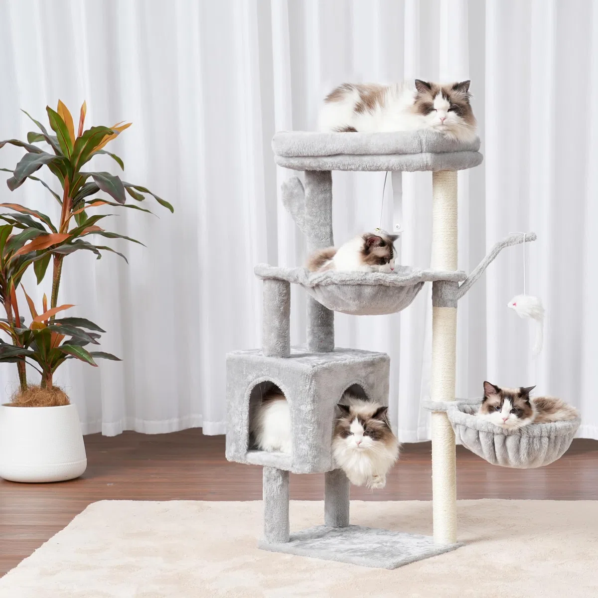 Heybly Arbol Rascador para Gatos, Arbol Gato de 100 cm de Altura con Plataforma Grande, Cueva, 2 Hamacas, Juguetes y Árbol para Trepar con Rascador, Gris Claro HCT006SW