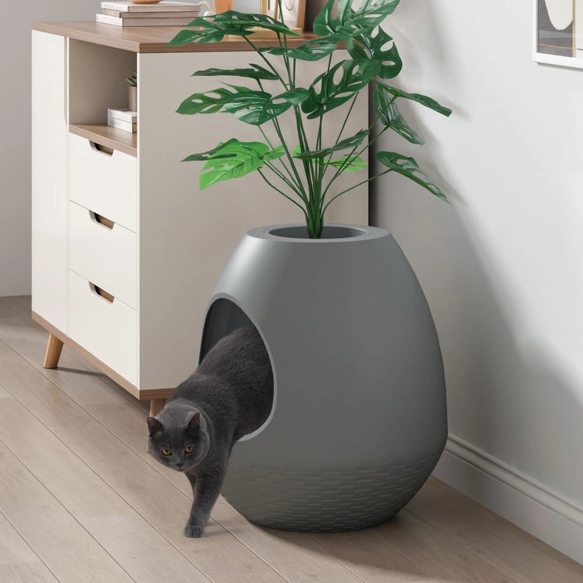 Arenero para gatos como maceta, caja de arena multifuncional con tapa y planta, arenero para gatos oculto, ideal para la mayoría de los gatos, la elección ideal para apartamentos y oficinas (gris)