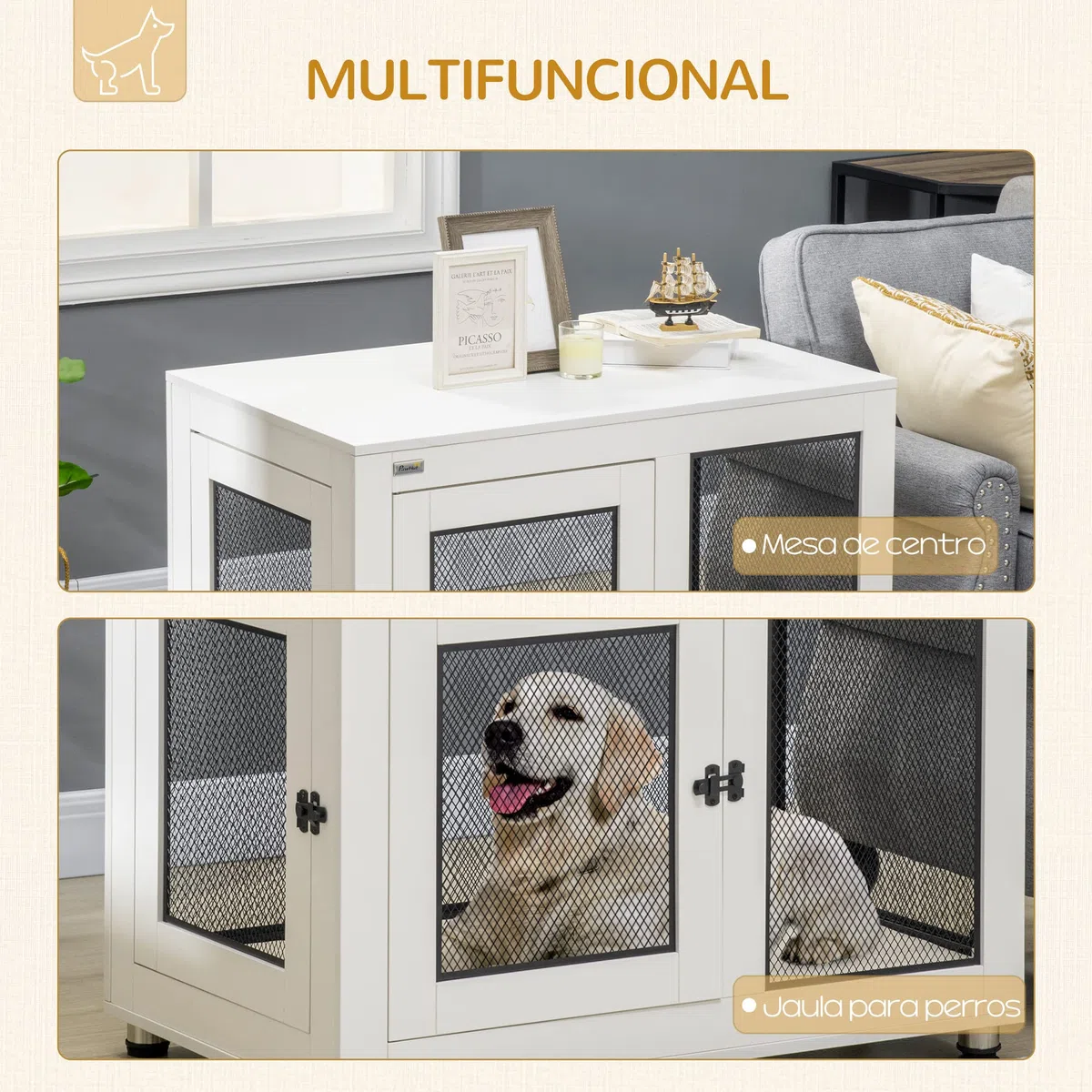 PawHut Jaula para Perros Grandes Estilo Mueble Casa para Perros 94x60x71,5 cm Mesa Auxiliar con 2 Puertas de Pestillo Cojín de Tela Oxford y Rejillas de Acero Blanco