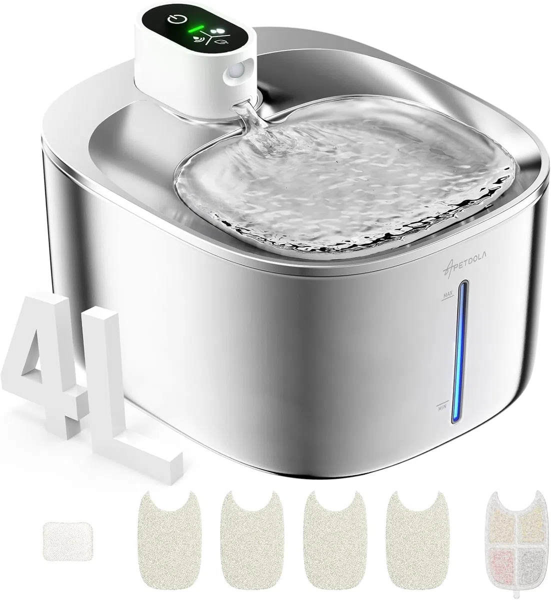 Fuente para mininos Acero Inoxidable, Bebedero mininos, 4L Fuente Agua mininos con Sensor Automático, Bebedero mininos Ultra Silenciosa con Batería de 4000 mAh, FS10pro (Blanco, 1 Filter)