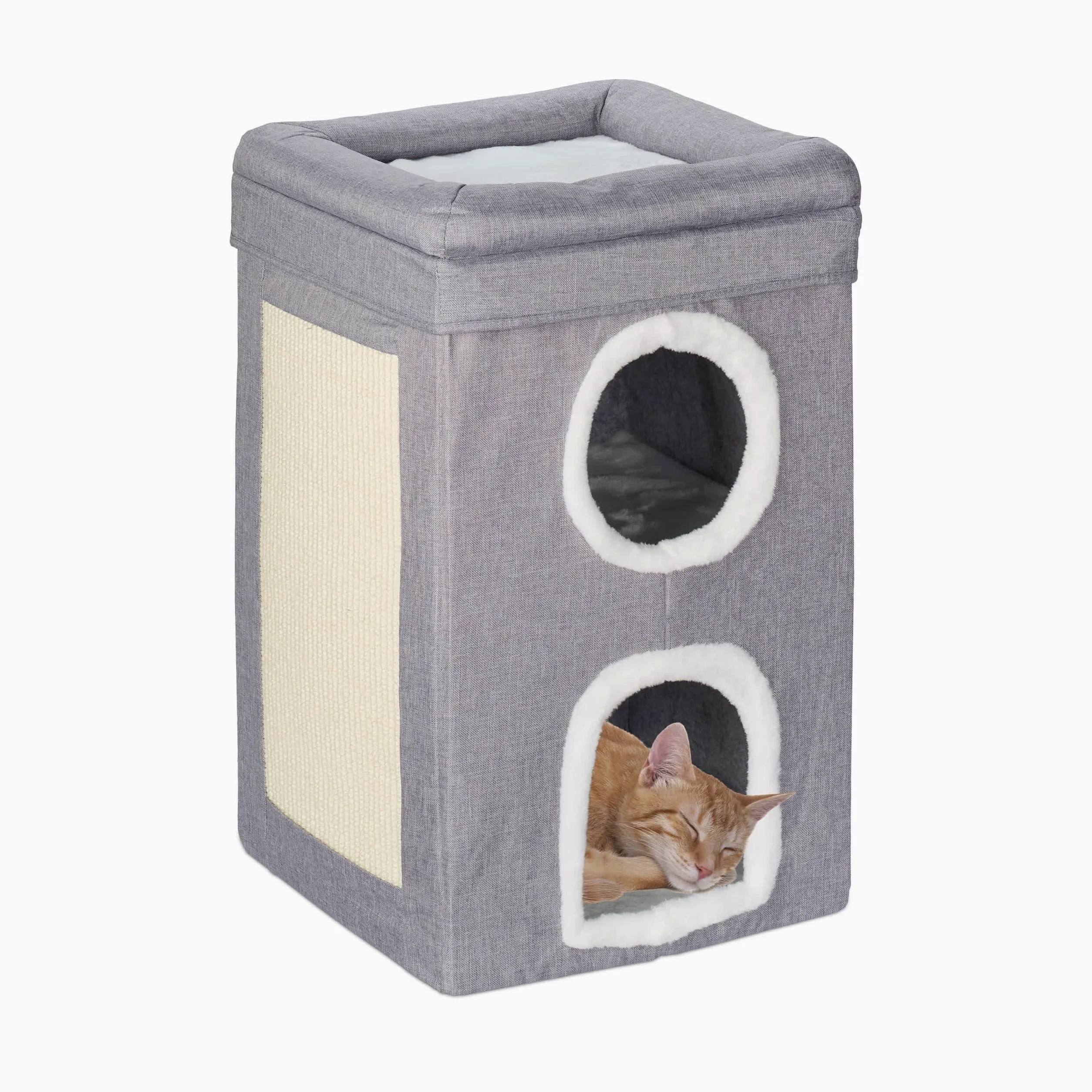 Relaxdays Casa para Gatos con 2 Cuevas, Nivel Superior Abierto, Cama Gatitos, con Rascador, 63x40x40 cm, Gris y Blanco