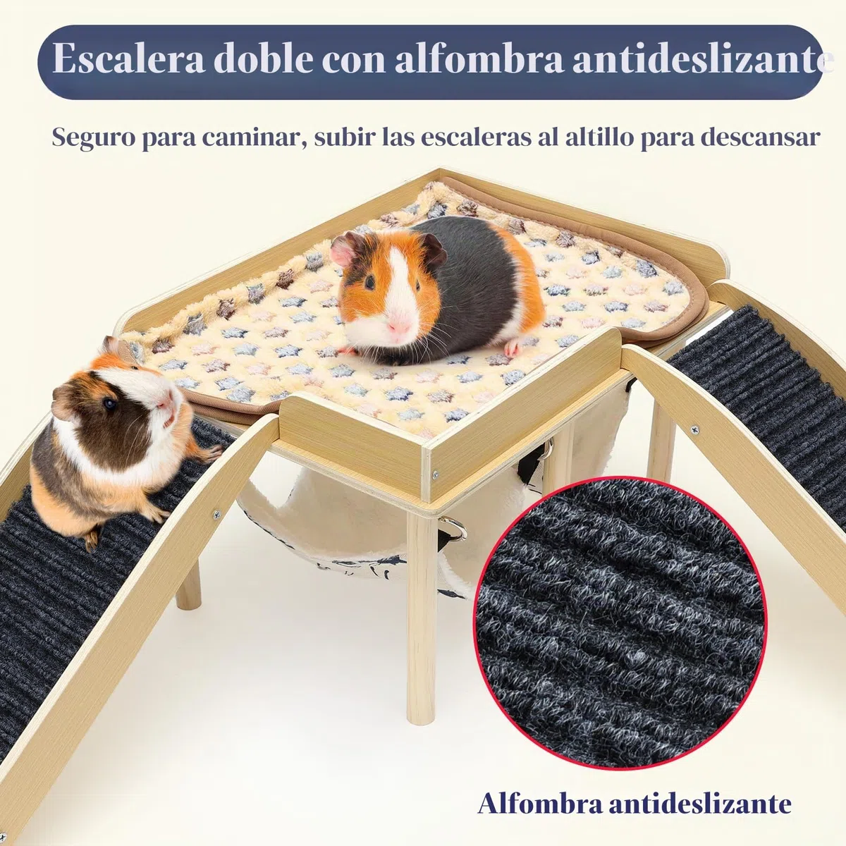 Casa para Cobaya con 2 Rampa y Hamaca, Juguete para Cobayas Accesorios, Hábitats de Animales Pequeños, Madera Casita para Conejo para Jerbos Degus Ratones Espinosos