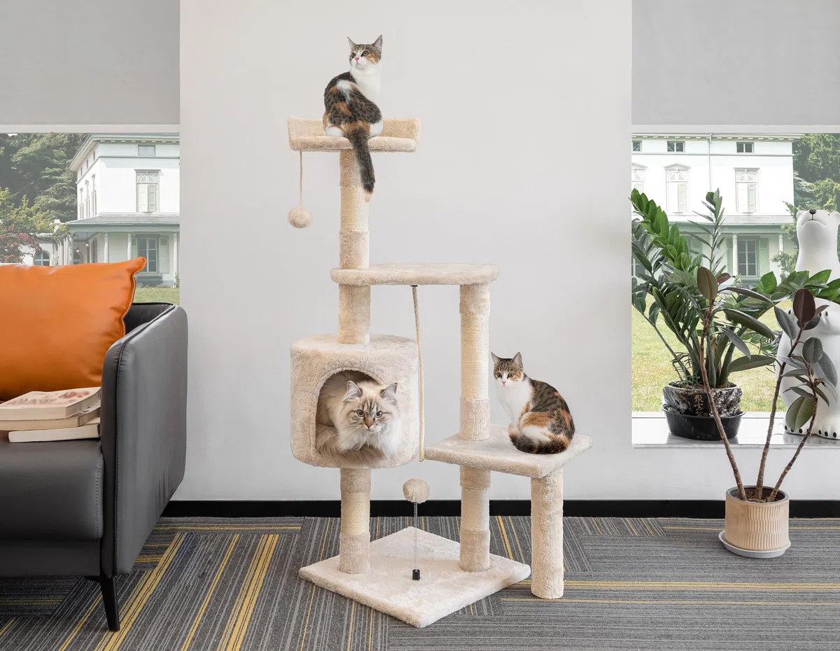 Rascador para Gatos,Árbol Rascador para de 112 cm y múltiples Niveles Estable con 4 Postes de sisal,3 Plataformas,1 Cama,Torre Gatos para Jueguen y Descansen-Beige