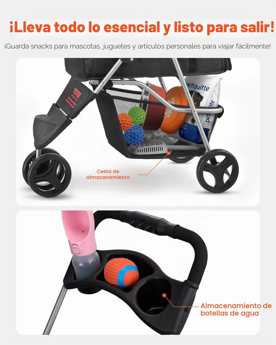 VEVOR Cochecito para Mascotas Capacidad 16kg Carrito Plegable para Perros de 3 Ruedas con Ventana de Malla y Portavasos Cochecito Portátil Tela Oxford 600D con Freno para Mascotas Pequeñas Medianas