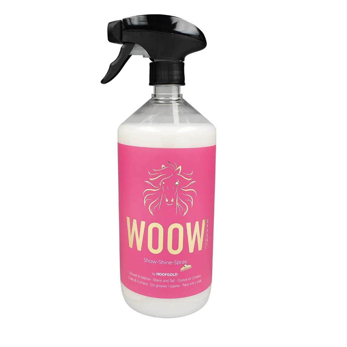WOOW - Spray para crines para caballos, spray brillante y spray de cola con efecto sorpresa, para crines y colas, cuidado extra para frisos, Tinker, Haflinger, compatible con ADMR, 1000 ml