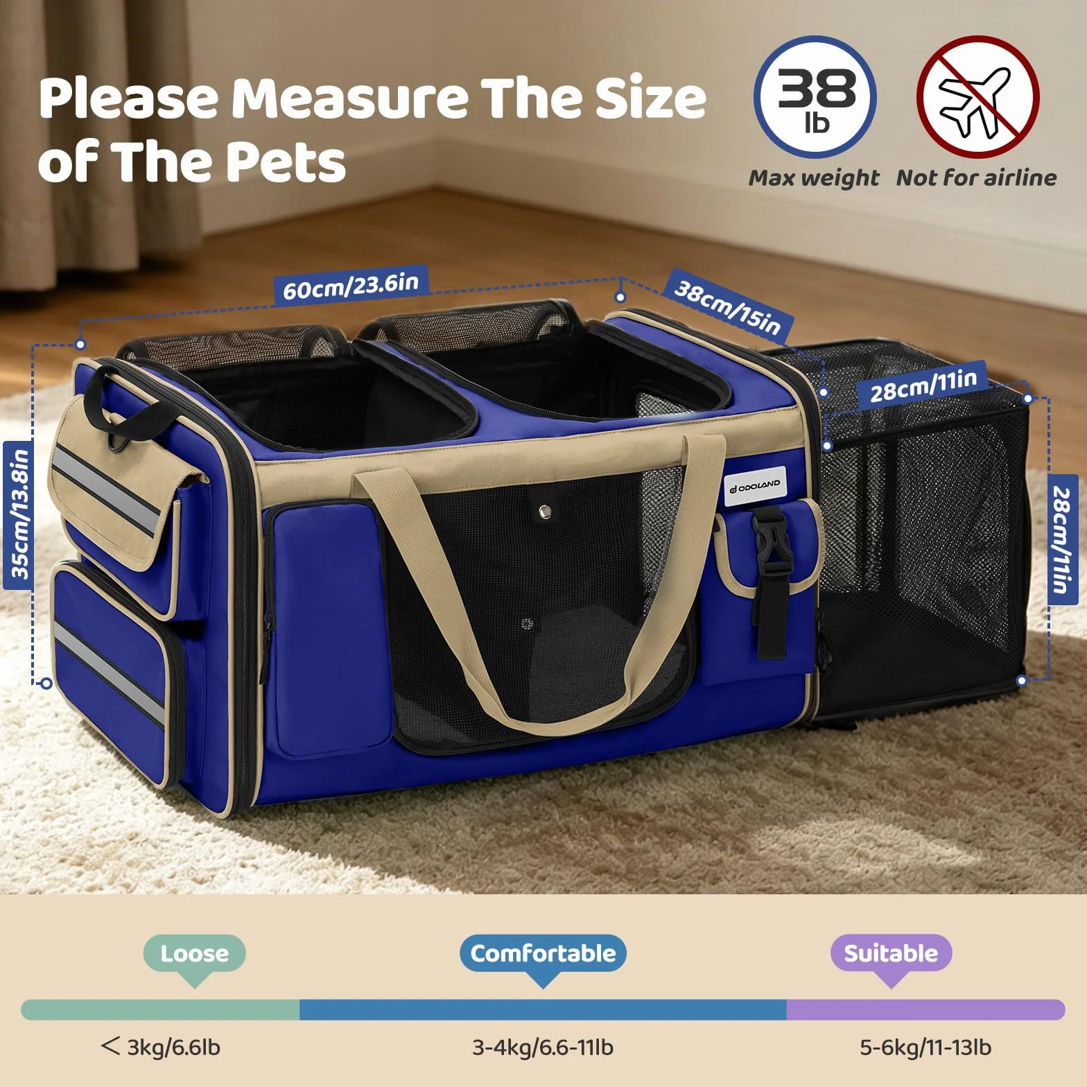 Odoland Transportín para 2 gatos – Bolsa de transporte plegable extensible para gatos grandes, transpirable, con correa para el hombro y caja de arena, ideal para viajes, coche – azul