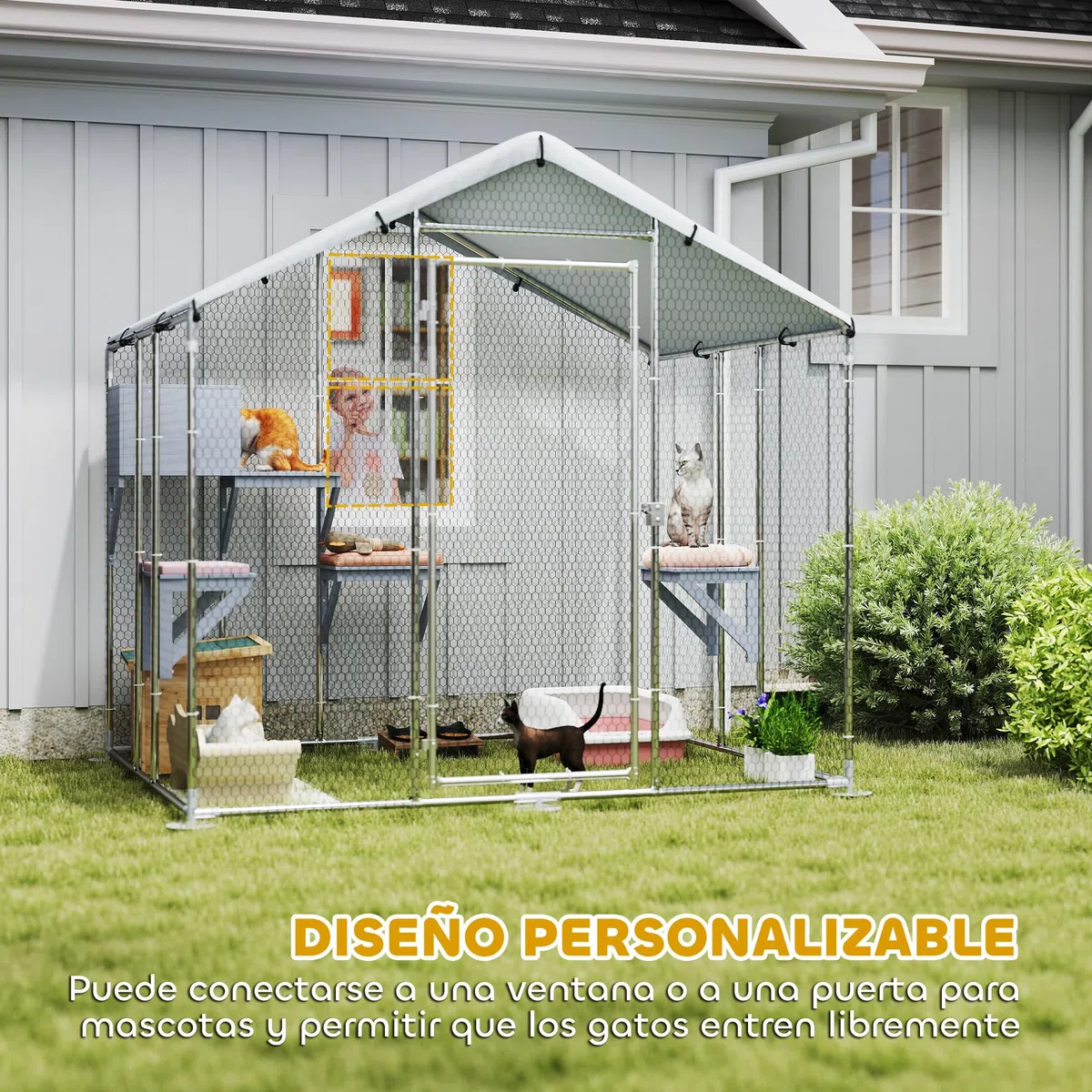 PawHut Jaula Grande para Gatos Exterior, Recinto para Gatos con 1 Casita, 3 Plataformas para Saltar, Cubierta Impermeable y Anti-UV, Parque para 5 Gatitos, Conejos, 200x170x195 cm, Plata
