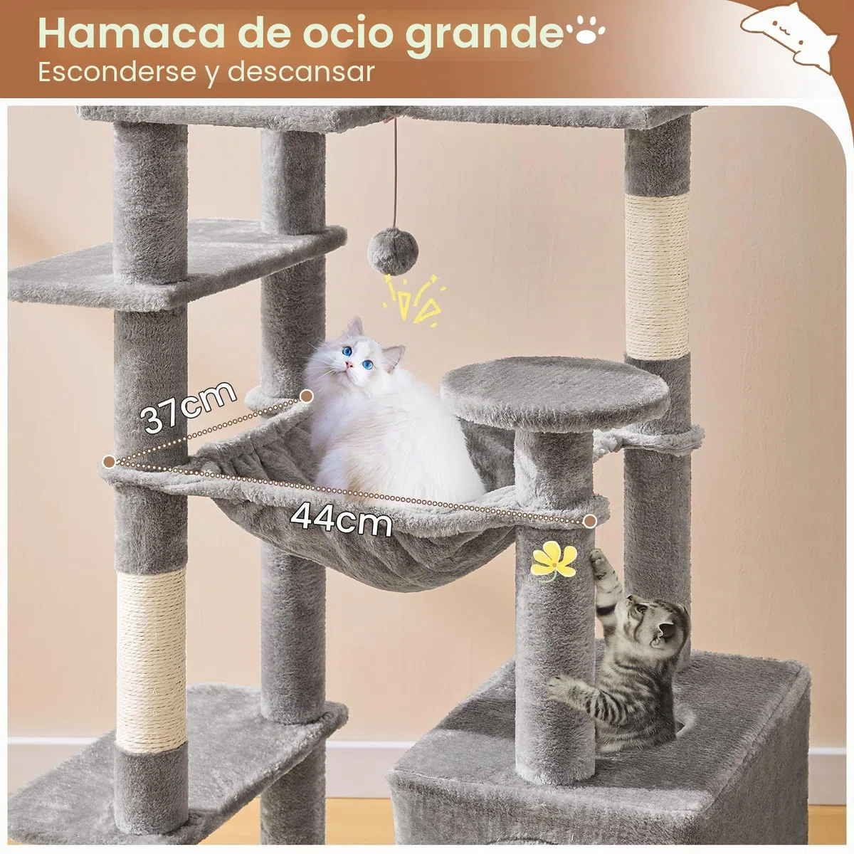 MSmask Árbol de gatos grande, L Árbol para gatos estable, árbol de rascar para gatos con 2 plataformas, 2 cuevas para gatos, hamaca, columnas de sisal, árbol de escalada de varios pisos para gatos