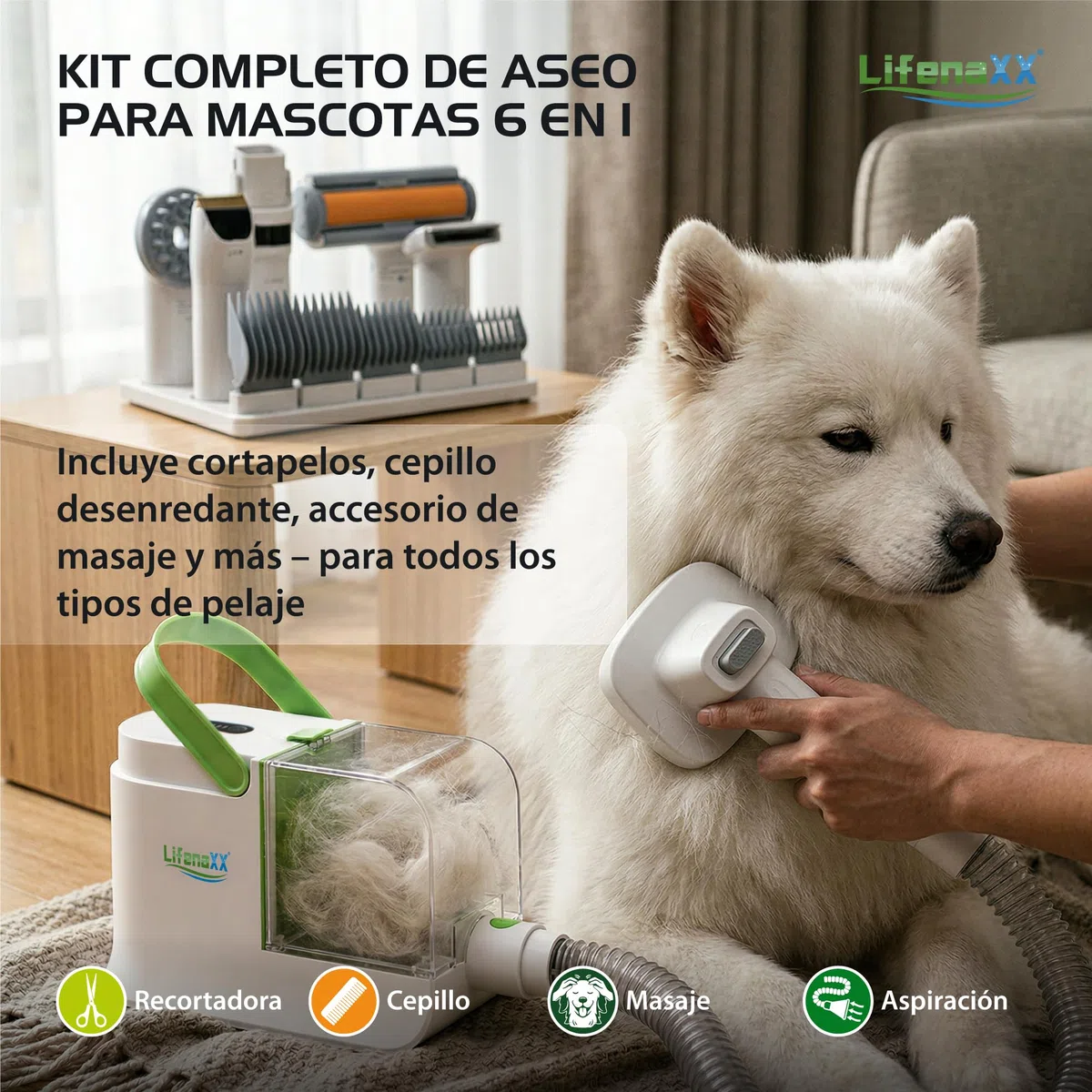 Lifenaxx Cortapelos para Mascotas 6 en 1 con Aspirador – Kit de Peluquería Silencioso para Perros y Gatos, Cortapelos Eléctrico con 6 Peines, Cepillo Desenredante, Cabezal de Masaje - LX-052
