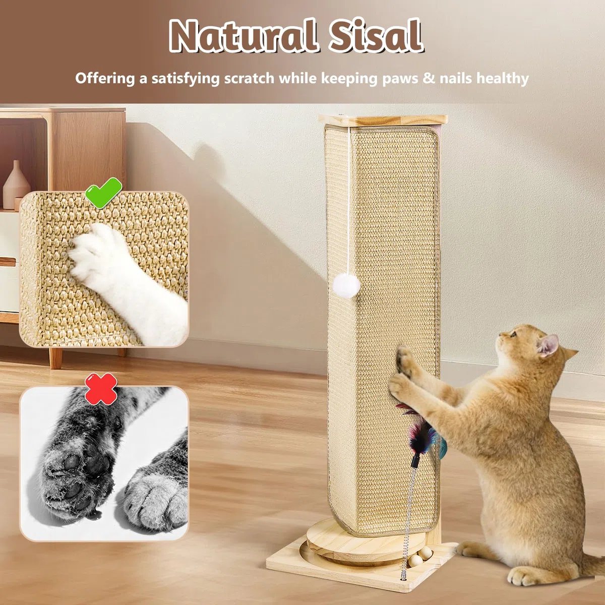 Rascador de esquina para sofá, poste rascador para gatos de 31 pulgadas de alto con juguetes interactivos, almohadilla de sisal reemplazable para gatos de interior, protector de muebles para