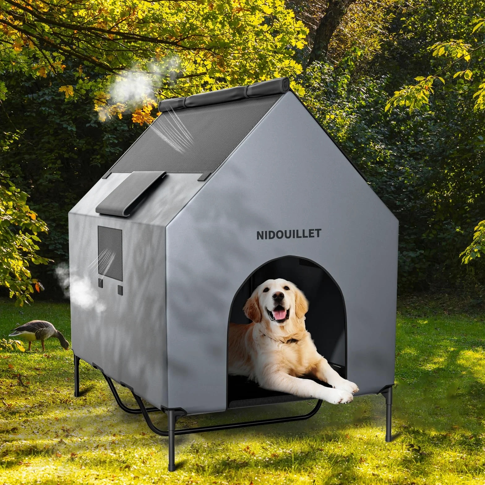 casa de Perro para Raza Grande 122CM al Aire Libre o en Interiores, Resistente a la Intemperie 600D PVC casa Grande Cachorro, Transpirable 2x1 Textilene Tela elevada Cama de Perro