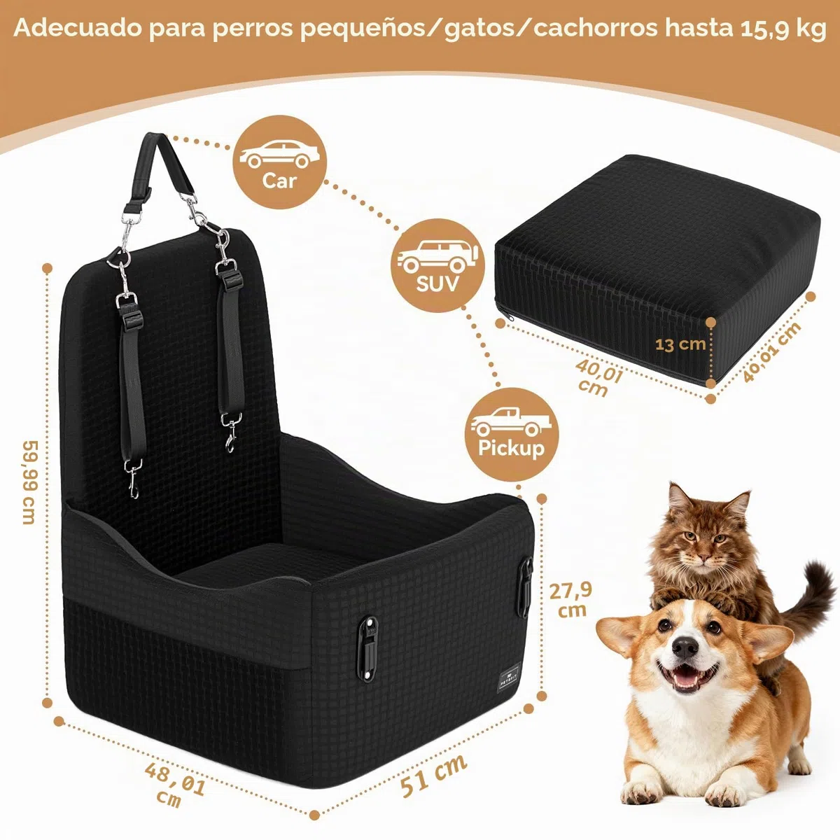 PETSFIT Asiento Elevado para Perros Pequeños/Medianos hasta 15 kg – Sistema de Seguridad Patentado, Cojín Viscoelástico de 13 cm, Desmontable y Lavable con 2 Bolsillos(Negro)