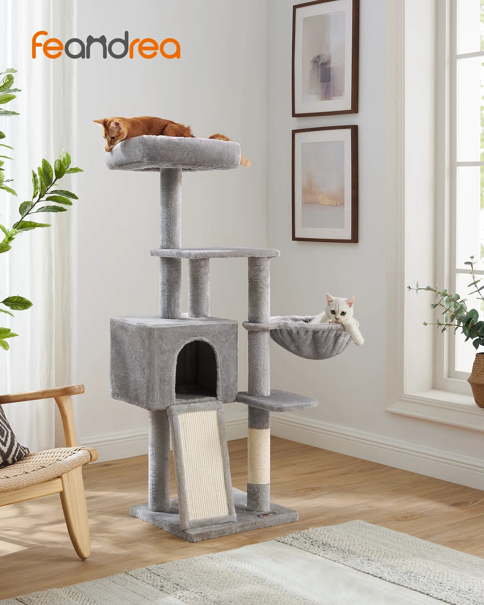 FEANDREA Árbol para Gatos Pequeños, 135 cm, Condominio para Gatos de Felpa de Varios Niveles, con Cubierta de Plataforma Extraíble y Lavable, Rascador, Cesta, Cueva, Gris Claro