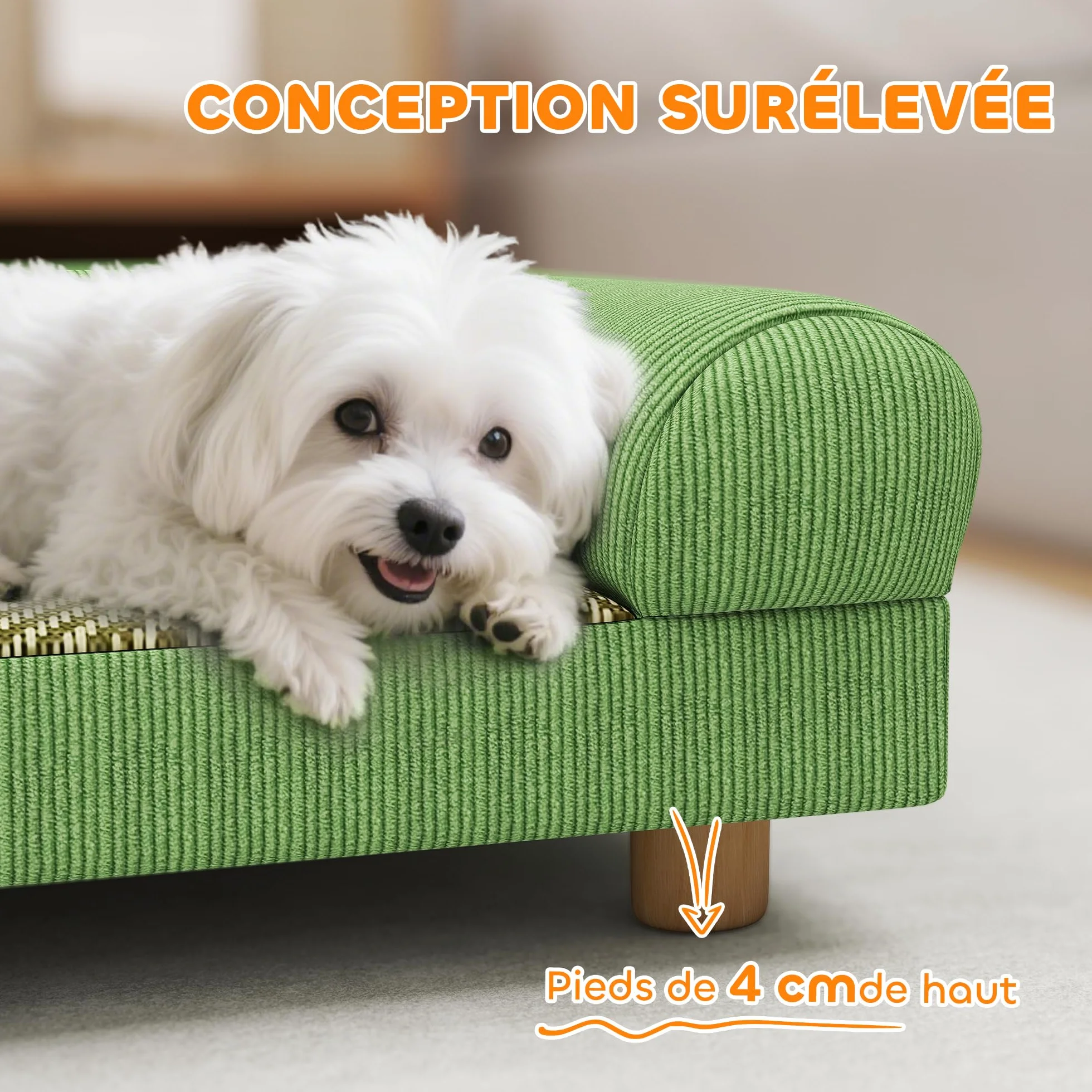 PawHut Sofá para perros gato cama elevada para perros con asiento de alfombra fresca, apoyabrazos y pies, en terciopelo suave, para mascotas de hasta 5 kg, 63 x 41 x 17 cm, verde