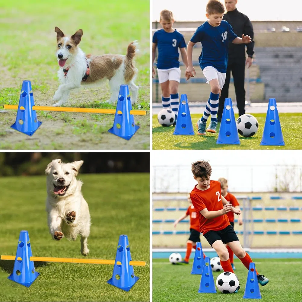 Sports - Juego de 10 conos + 5 barras, 23 cm de altura, 80 cm de longitud, entrenamiento de coordinación para niños, perros para saltar, juego de agilidad para fútbol, deportes de perro