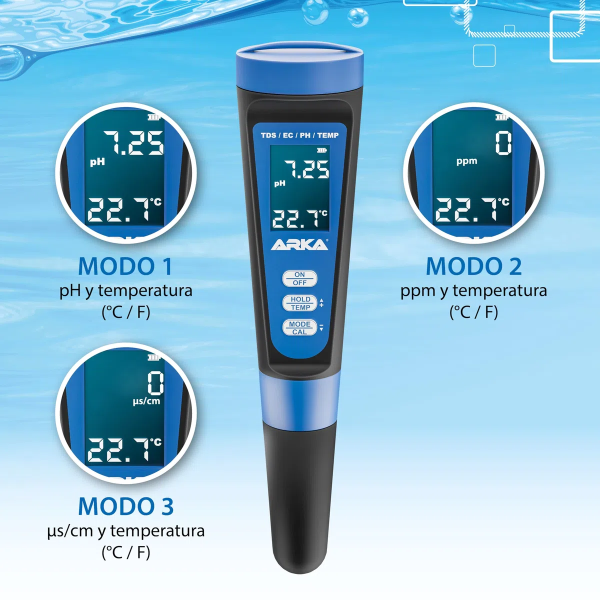 ARKA myAQUA medidor de pH/TDS/EC - medidor de la Calidad del Agua para pH, TDS, EC y Temperatura, Incl. solución de calibración, Ideal para acuarios, Piscinas, estanques y Agua Potable