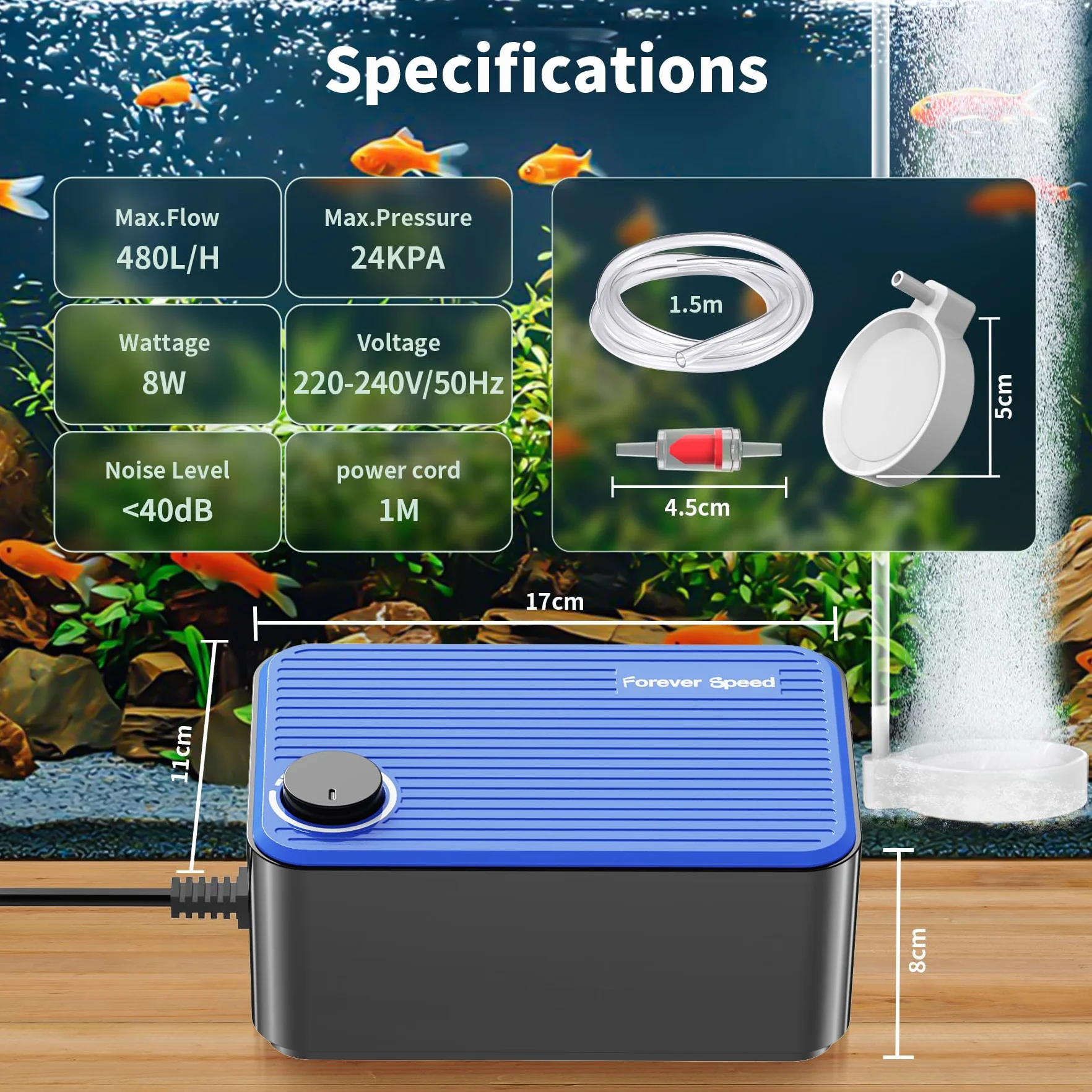 Forever Speed Bomba de Aire para Acuario Ultra Silencioso＜40 dB, 8W Ajustable Oxigenador Acuario con Accesorios hasta 600L, Bomba Aire Acuario con 2 Tomas