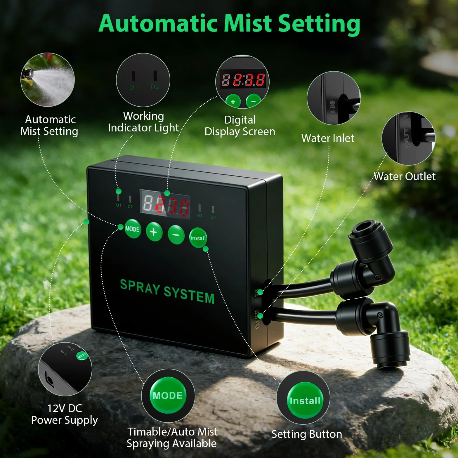 Sistema inteligente para reptiles, humidificador de reptiles, sistema de niebla para terrario con boquillas de pulverización de 360° y temporizador para flores/selva/reptiles/anfibios/plantas