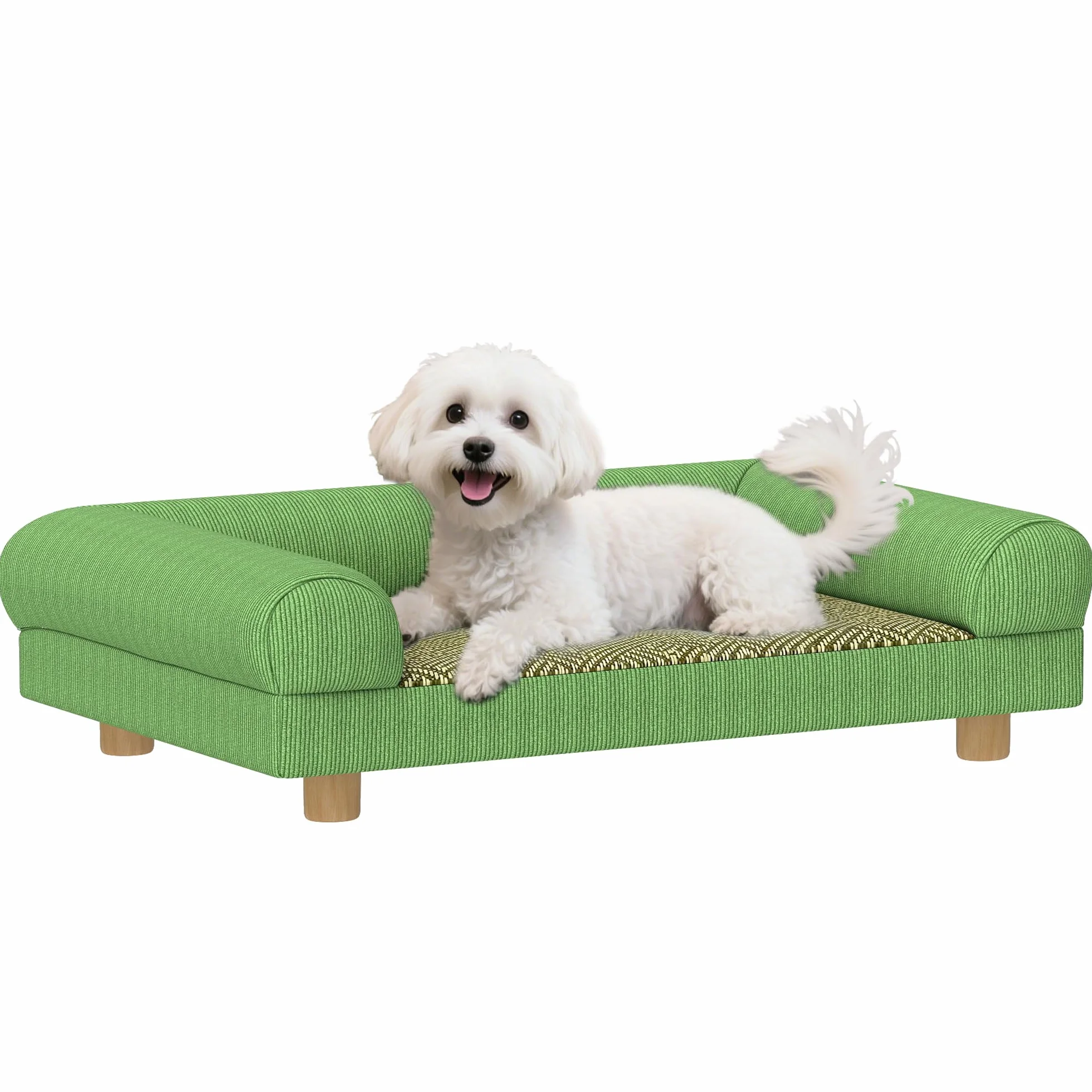 PawHut Sofá para perros gato cama elevada para perros con asiento de alfombra fresca, apoyabrazos y pies, en terciopelo suave, para mascotas de hasta 5 kg, 63 x 41 x 17 cm, verde