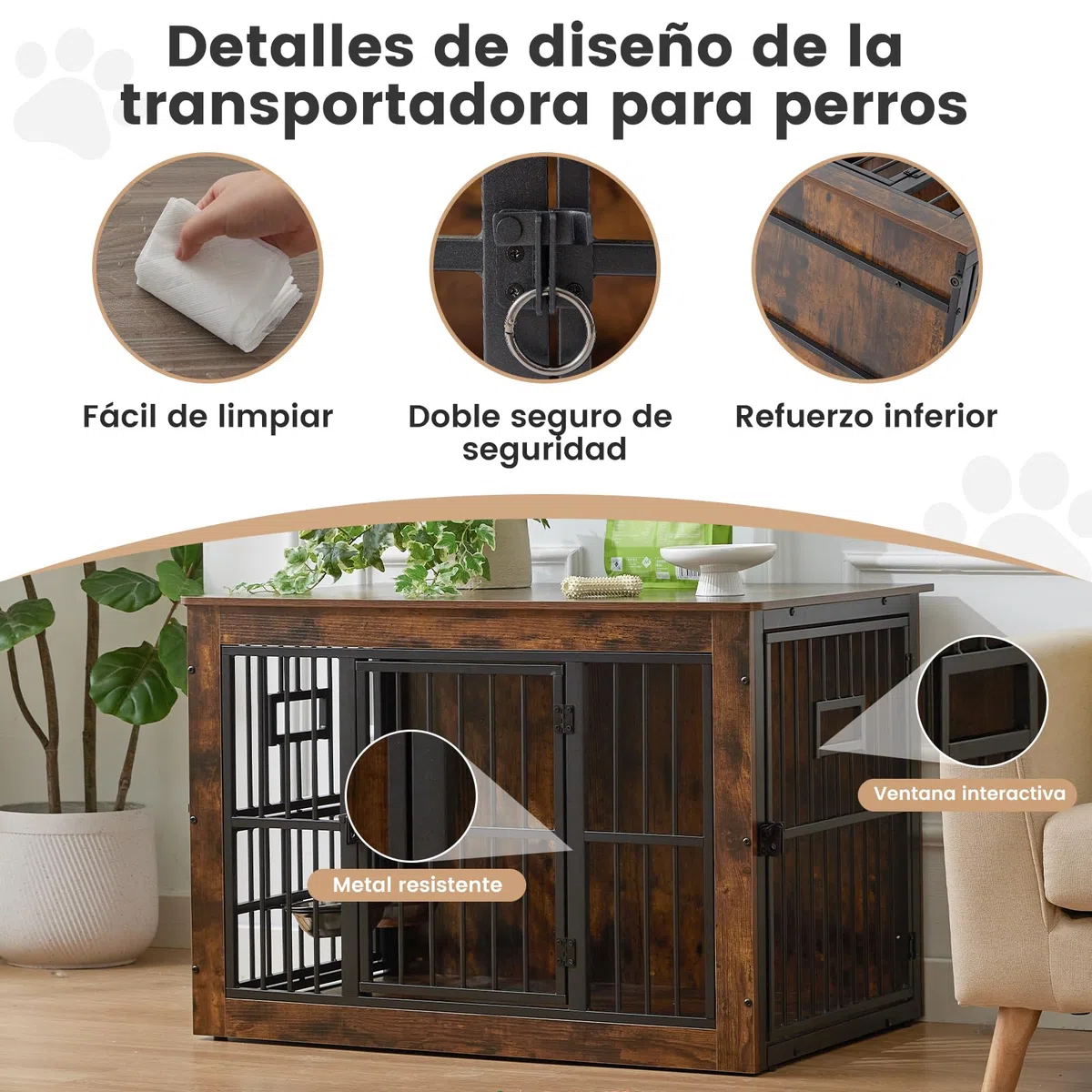 Gardner Pet 99cm Jaula para Perros, Jaula Perro Grande Mueble, con 3 Aberturas Superiores para Alimentación en Jaula para Perros de Madera, 3 Puertas, 99x65x69cm, Marrón