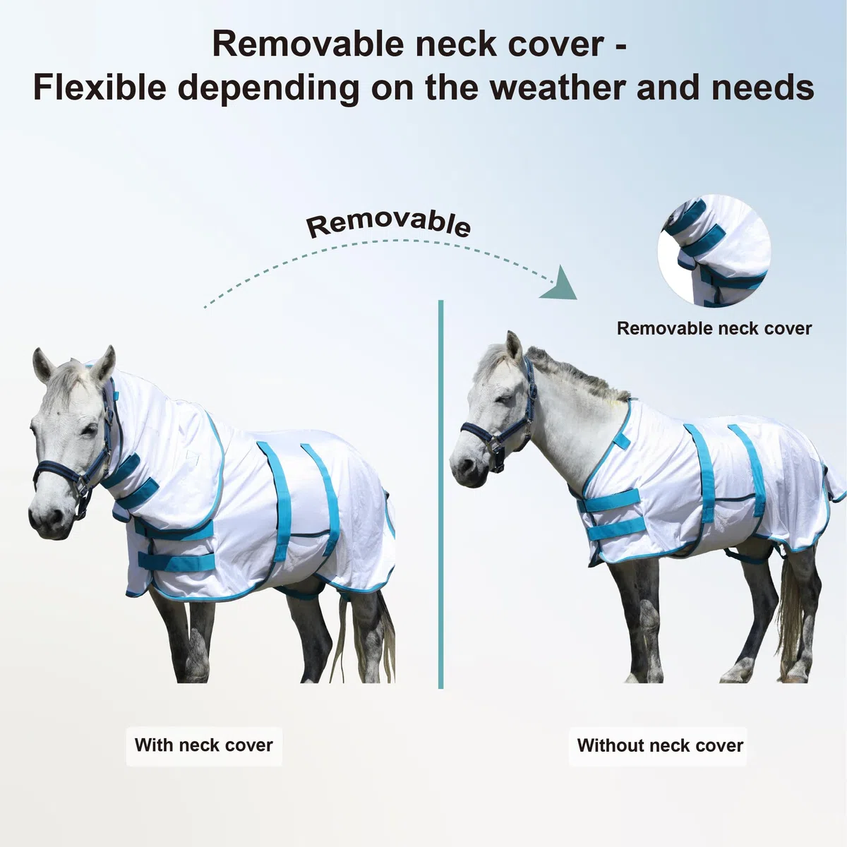 Alfombra con cuello combinado – Sábana de malla ligera y suave para verano para poni Shetland, potro/burro, blanco (3'20.3 cm)