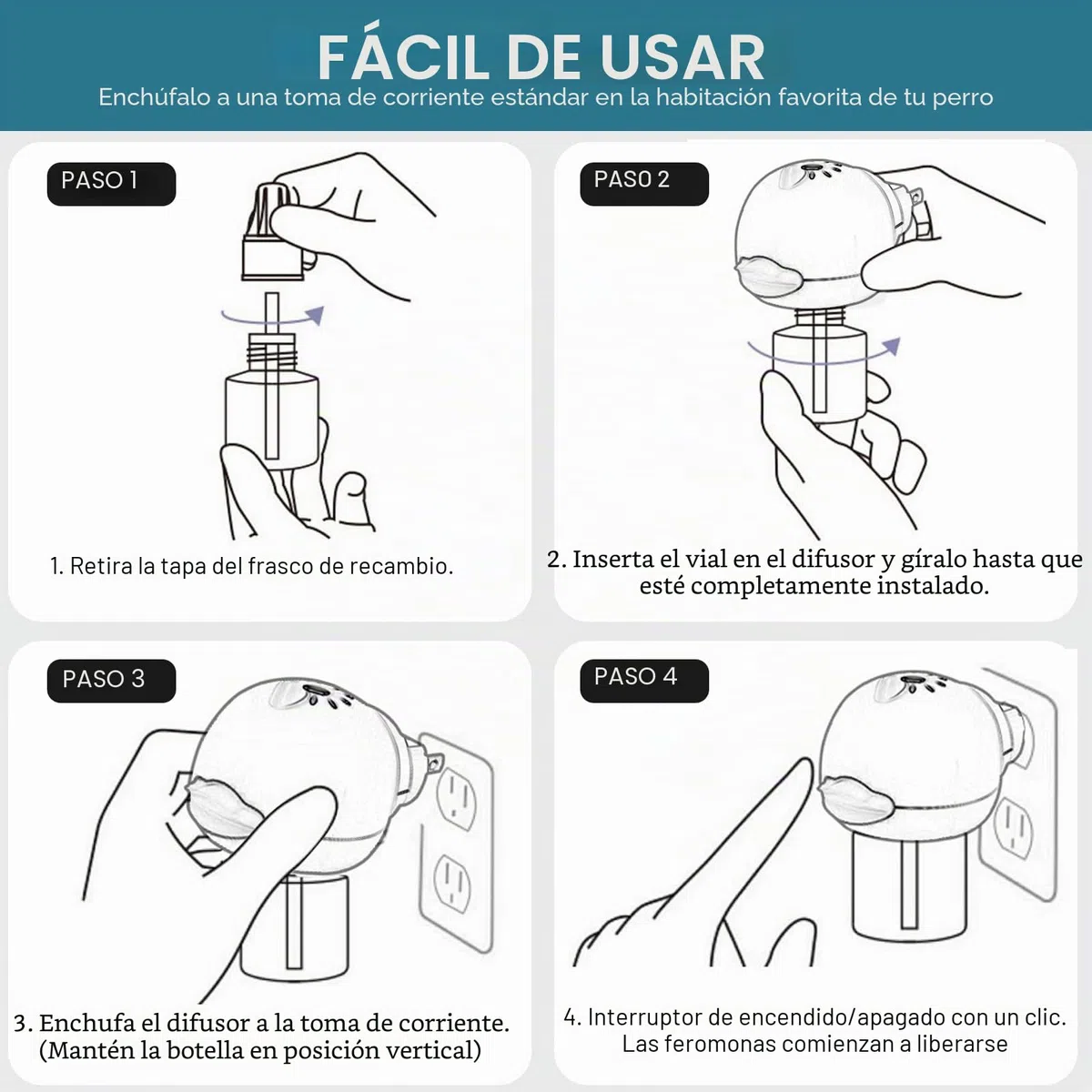 JJW Kit Difusor de Feromonas Calmantes para Perros - 1 Difusor + 4 Recargas de 48ml | Reduce Ansiedad, Estrés y Miedo | Efecto Calmante para Tormentas, Viajes y Entornos Nuevos (Azul, M)