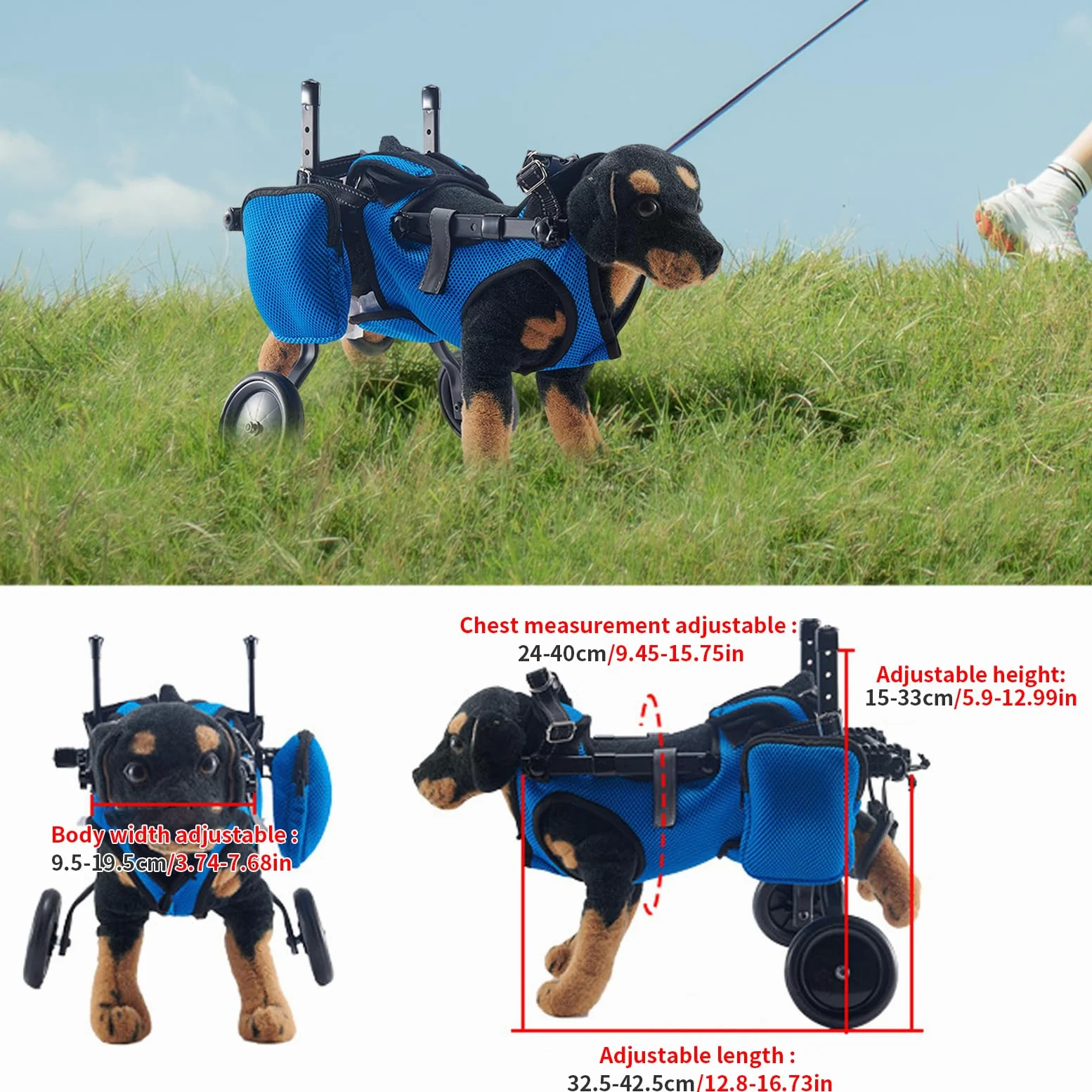 Silla de ruedas para patas traseras, ayuda a la curación, silla de ruedas ajustable de 2 ruedas para pequeños heridos, discapacitados, paralíticos o débiles en las patas traseras (azul, S)