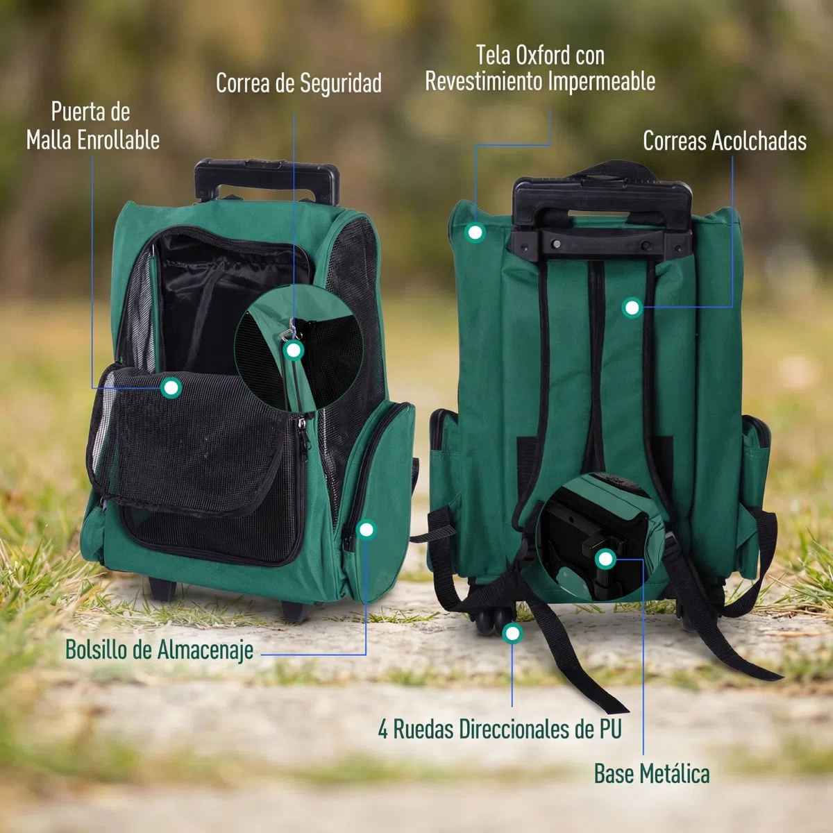 PawHut Transportín 2 en 1 para Mascotas Mochila o Carrito de Viaje para Perro y Gato con 2 Ruedas con Asa retráctil de Aluminio y Bolsillos 42x25x55 cm Verde