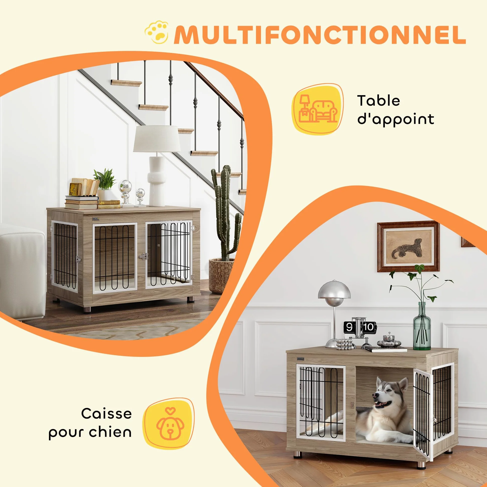 PawHut - Jaula para perro, mueble de jaula para perro, interior, mesa auxiliar multiusos con doble puerta y cojín, para perro, tamaño mediano y grande, 90 x 58 x 65 cm, aspecto nogal