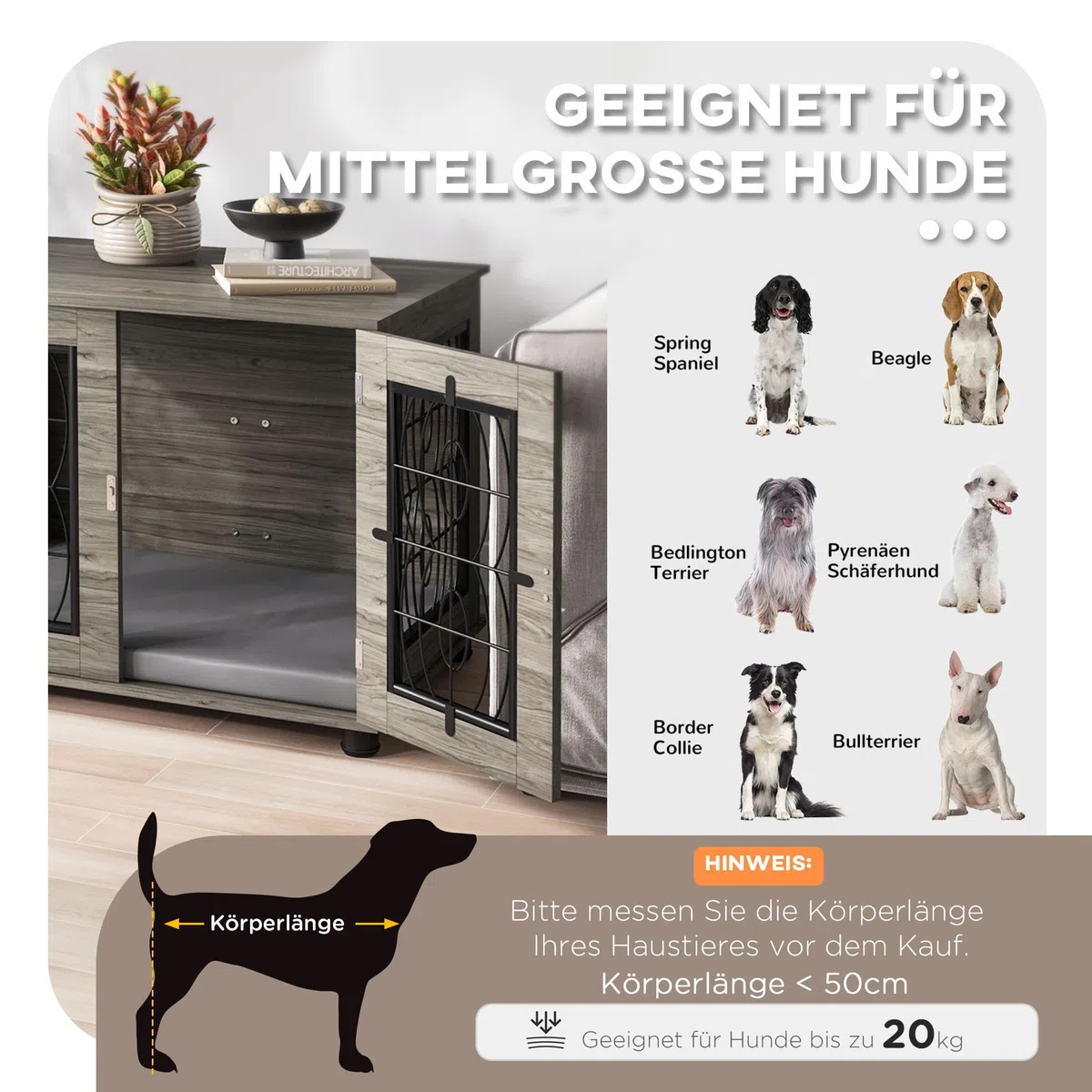 PawHut: Caseta de perro con cojín, puerta con cerradura, malla metálica de ventilación, para perros medianos de hasta 20 kg, gris, 80 x 56 x 63 cm