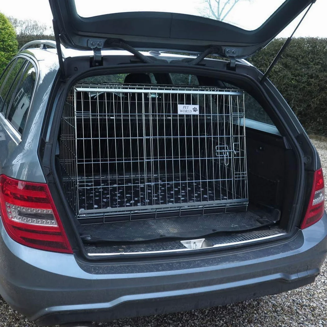 Pet World Jaula mediana para perros de coche inclinada de 34 pulgadas, compatible con Mercedes Clase C, diseño del Reino Unido, jaula de viaje de acero, escotilla de escape de emergencia, se pliega