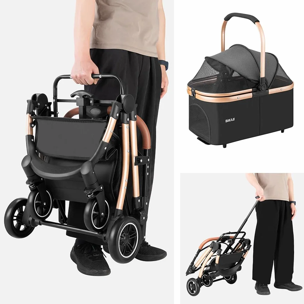 BAKAJI Cochecito para perros y gatos 2 en 1 con capazo extraíble y cierre ahorra espacio, cochecito para mascotas con cápsula transportín extraíble y techo abatible, peso máx. 50 kg (negro)