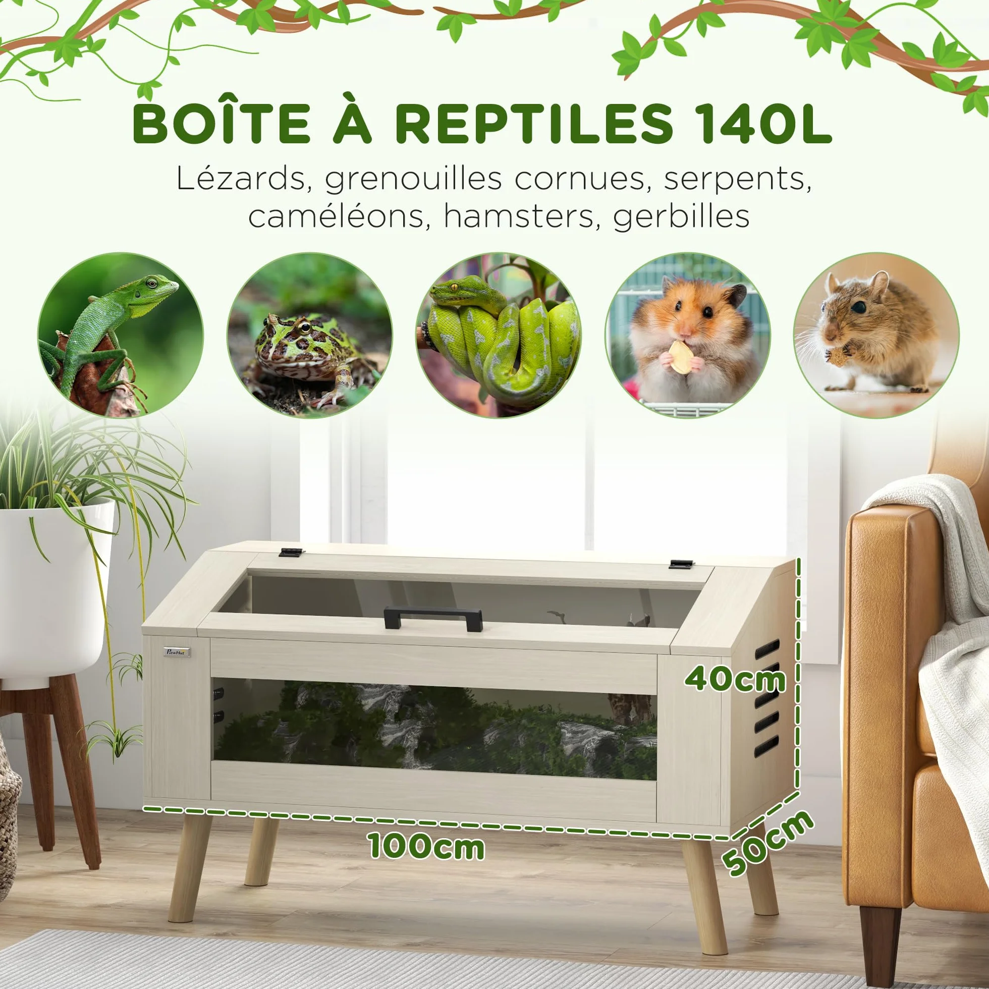 PawHut Terrarium para reptiles con ventilación lateral, Vivarium para serpientes 140L con ventanas de vidrio templado, tapa, 100x50x60 cm, madera natural