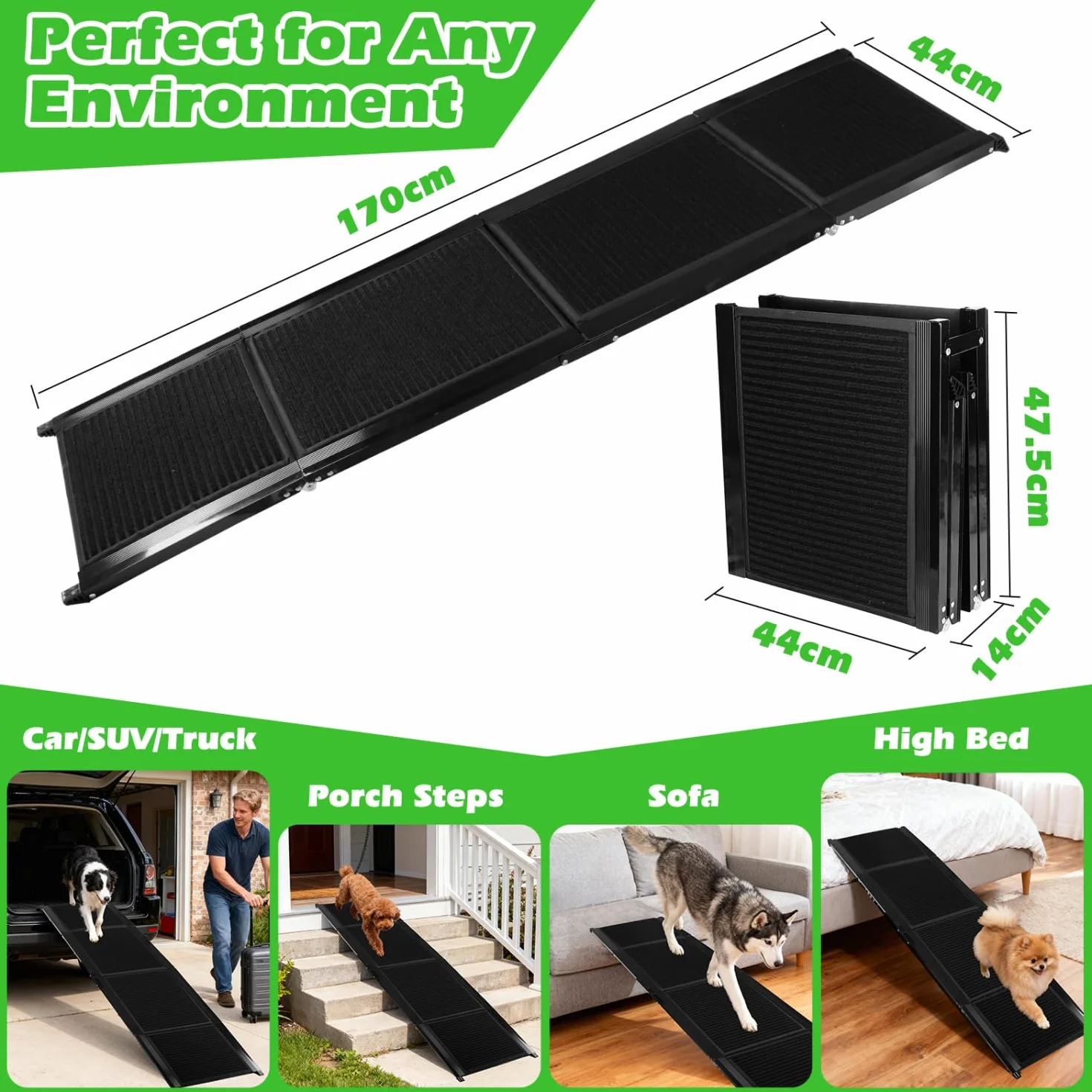 Nobleza - Rampa para Perros para Coche 170 cm, Rampa Plegable Cama para Mascotas de Metal con Alfombra Antideslizante para Perros Menos de 110kg, Escalera para Perros Medianos Grande
