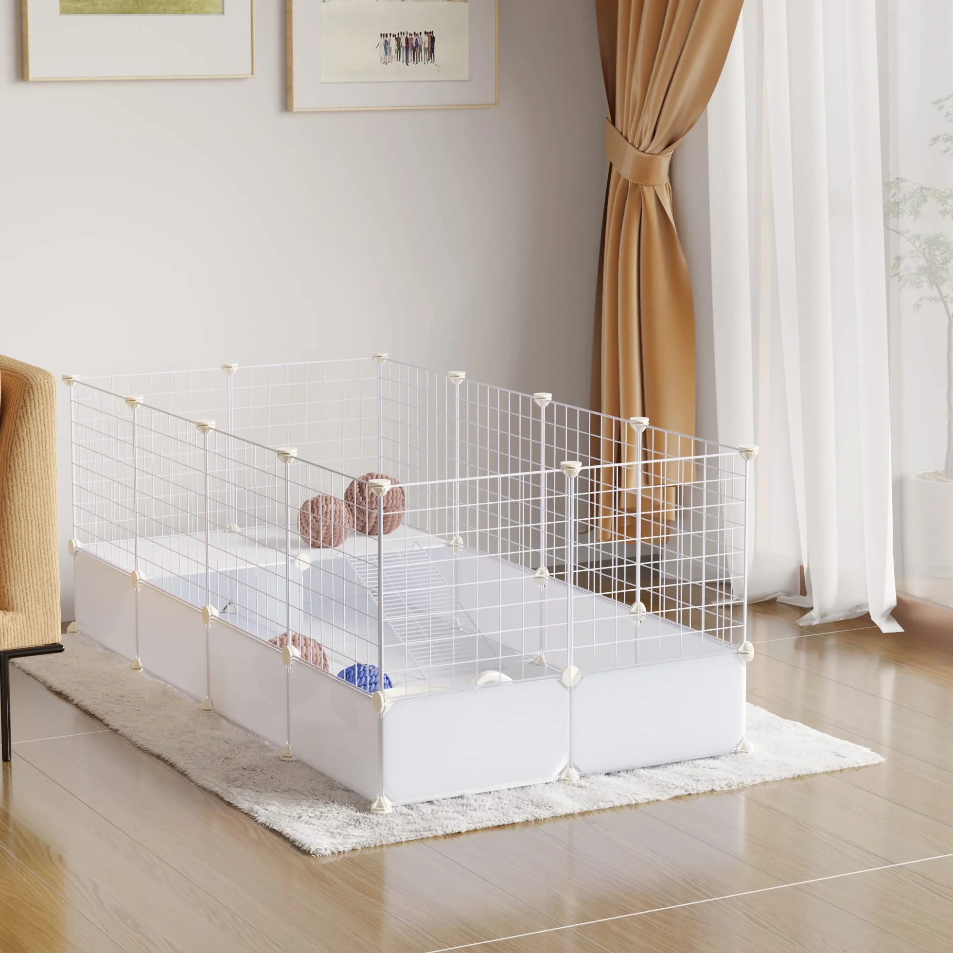 EUGAD Valla para Mascotas, Jaula Modular, Recinto Interior de Plástico con 35 Paneles, Jaula para Animales Pequeños, Personalizable Parque para Cobayas Conejos Chinchillas 142x71x53cm, Blanco