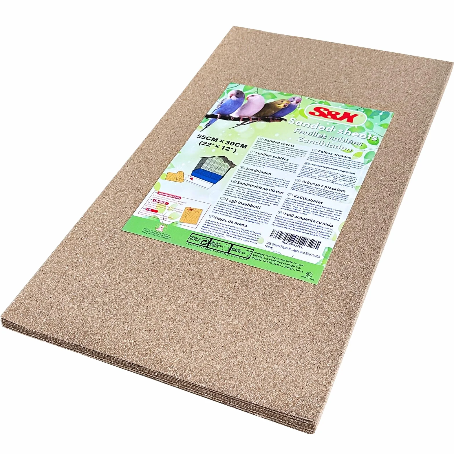 S&X Papel de grava para jaula de pájaros, paquete de 12 unidades de papel de revestimiento de jaula de 22 x 12 pulgadas, hojas de arena para jaulas limpias y salud de las aves