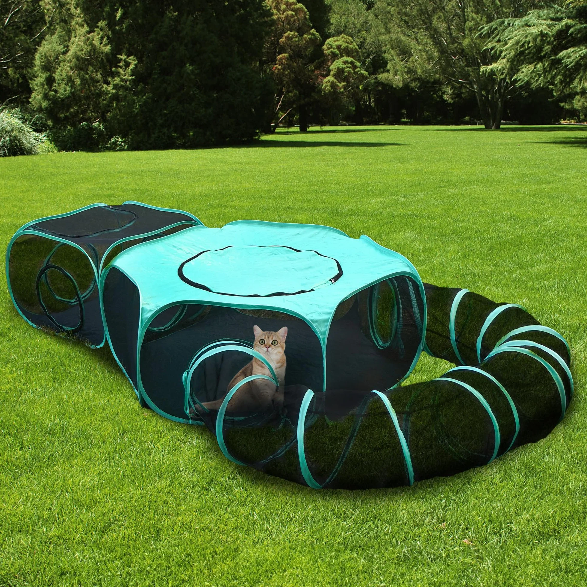 Gran recinto al aire libre para gatos, tienda de campaña plegable portátil 3 en 1 modular con ventanas conectadas para interior y exterior, viajes, jardín, parque
