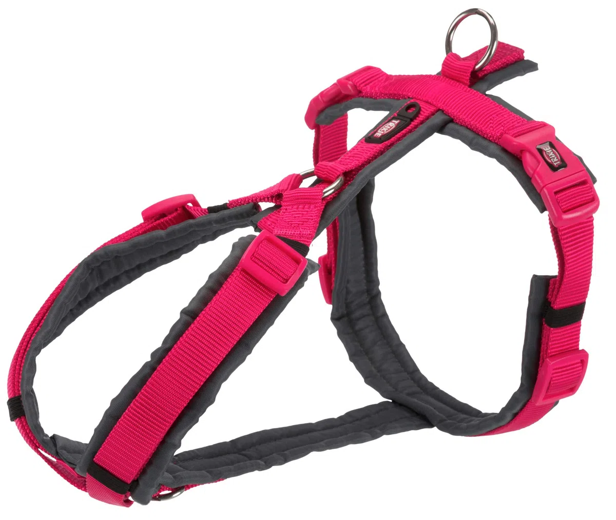 TRIXIE - Arnés Trekking New Premium para Perros, Talla M (53–64 cm), Fucsia/Grafito, Acolchado Integral Hidrófugo, Anillo Frontal Anti-Tirones y Ajuste Ergonómico Continuo