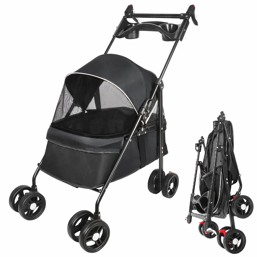 Cochecito de viaje para perros, 25 kg, con bolsa de almacenamiento y cubierta para la lluvia, cochecito Buggy para perros con portavasos, 50 x 70 x 95 cm, color negro