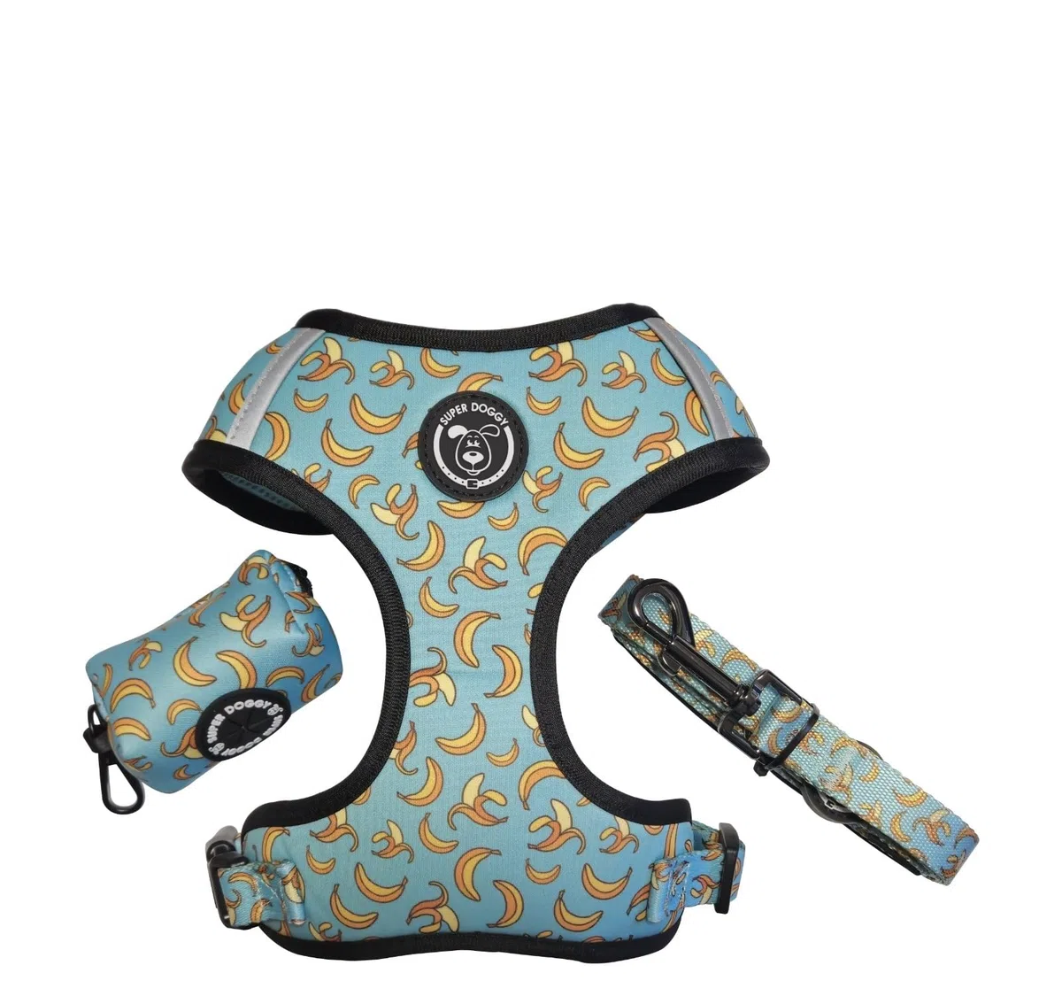 SUPER DOGGY Juego de arnés antitirones para perros con correa y dispensador de bolsas, arnés transpirable para perros pequeños y medianos (Blue Bananas, S (3,5-7 kg)