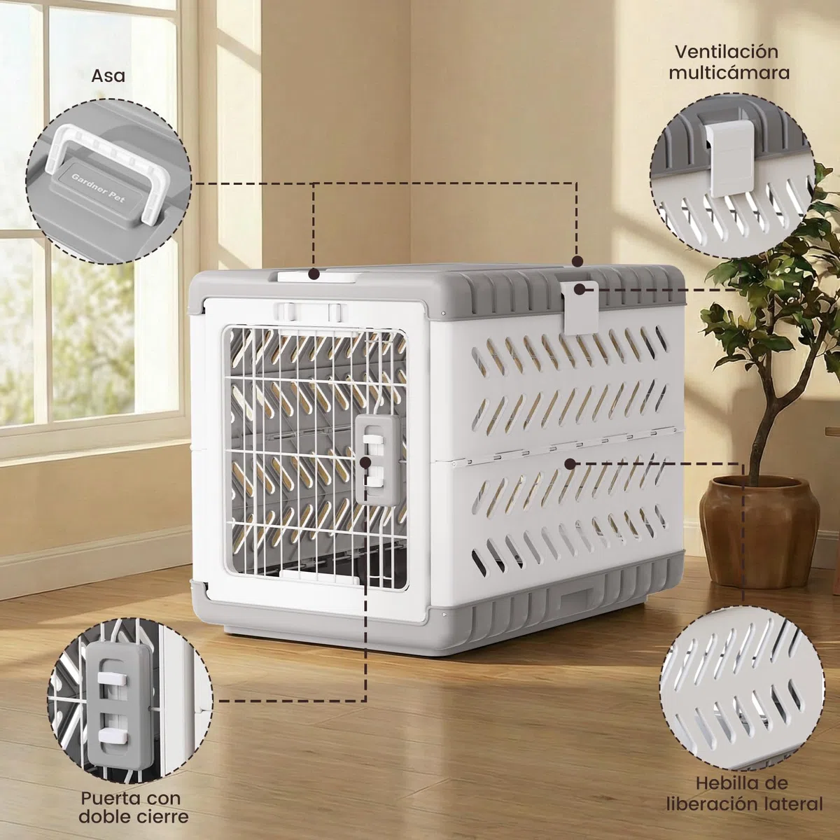 Gardner Pet Jaula para Perros Plegable,Transportin Perro Grande, Adecuado para Perros Grandes Y Gatos De 92.5x58x65.5cm, Se Pliega Sin Herramientas, Equipado con 2 Ruedas, para Interior Exterior,Gris