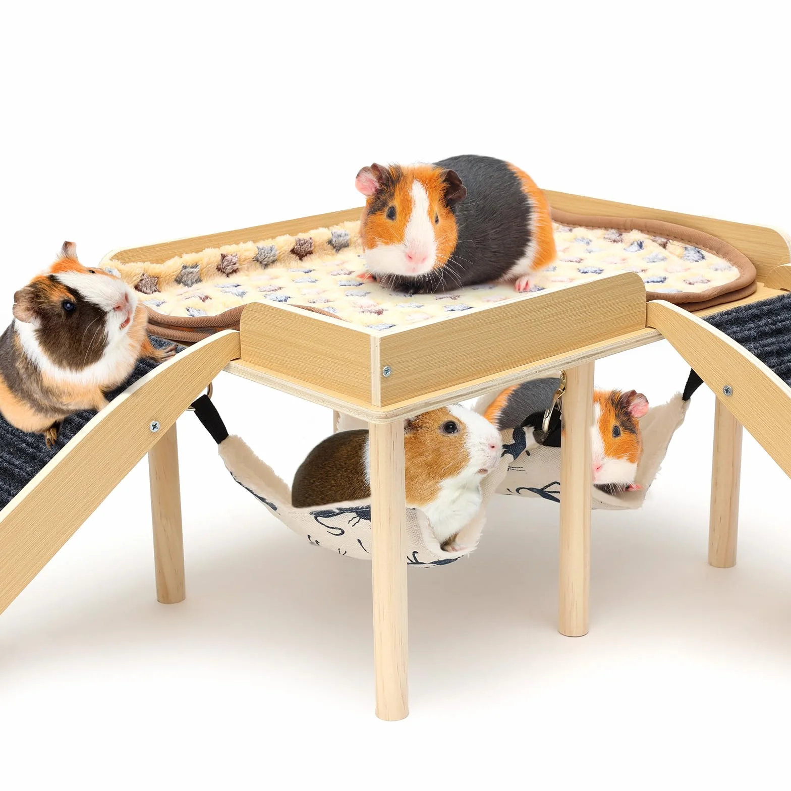 Casa para Cobaya con 2 Rampa y Hamaca, Juguete para Cobayas Accesorios, Hábitats de Animales Pequeños, Madera Casita para Conejo para Jerbos Degus Ratones Espinosos