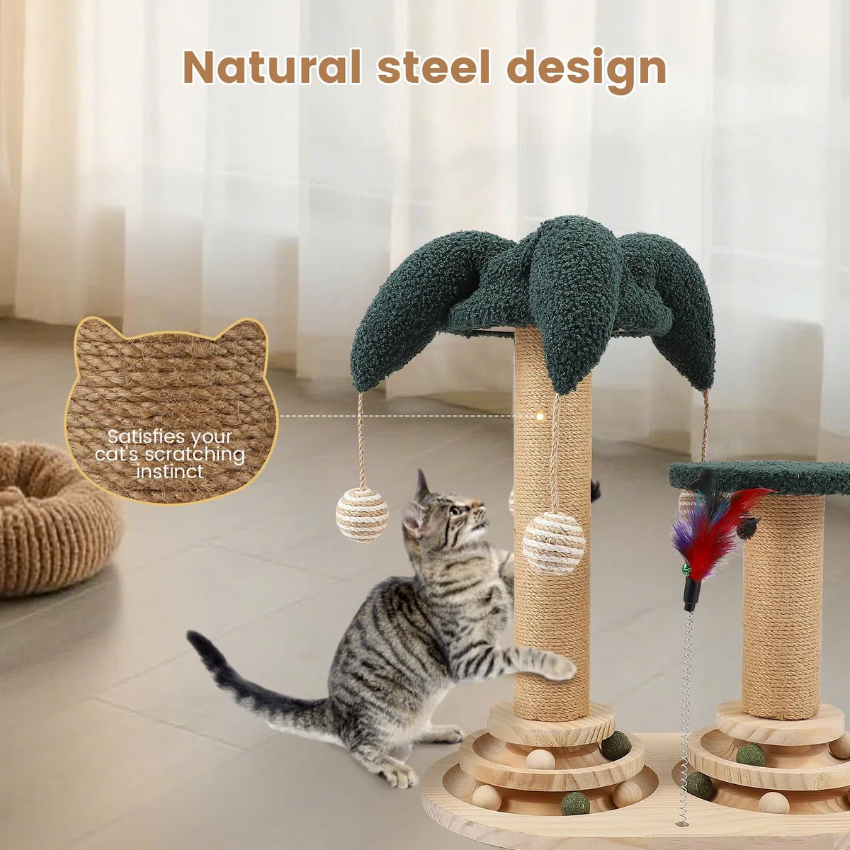 Juego de Juguetes interactivos 6 en 1 para Gatos con Pelota giratoria, Plumas, sisal y Yute Poste rascador, Tabla rascadora y Juguete, Mueble rascador, Juguete de Madera para Gatos con Plumas
