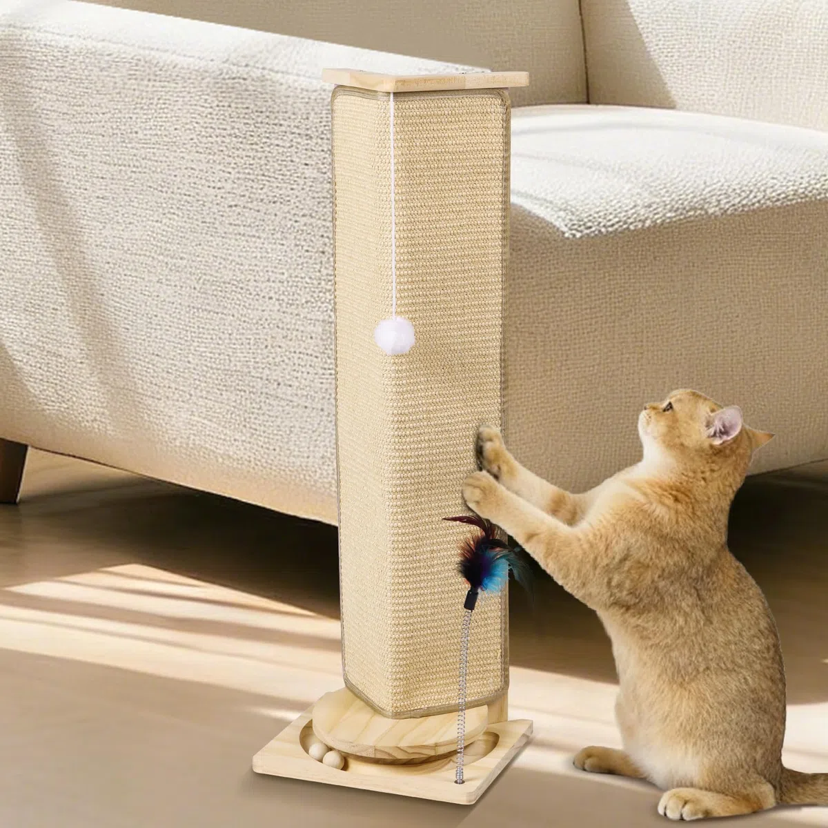 Rascador de esquina para sofá, poste rascador para gatos de 31 pulgadas de alto con juguetes interactivos, almohadilla de sisal reemplazable para gatos de interior, protector de muebles para